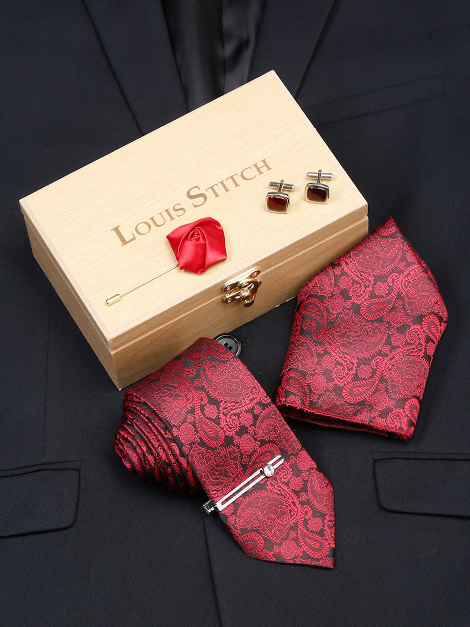 Crimson Red Luxury Italian Silk Necktie Set With Pocket Square Cufflinks Brooch Chrome Tie pin