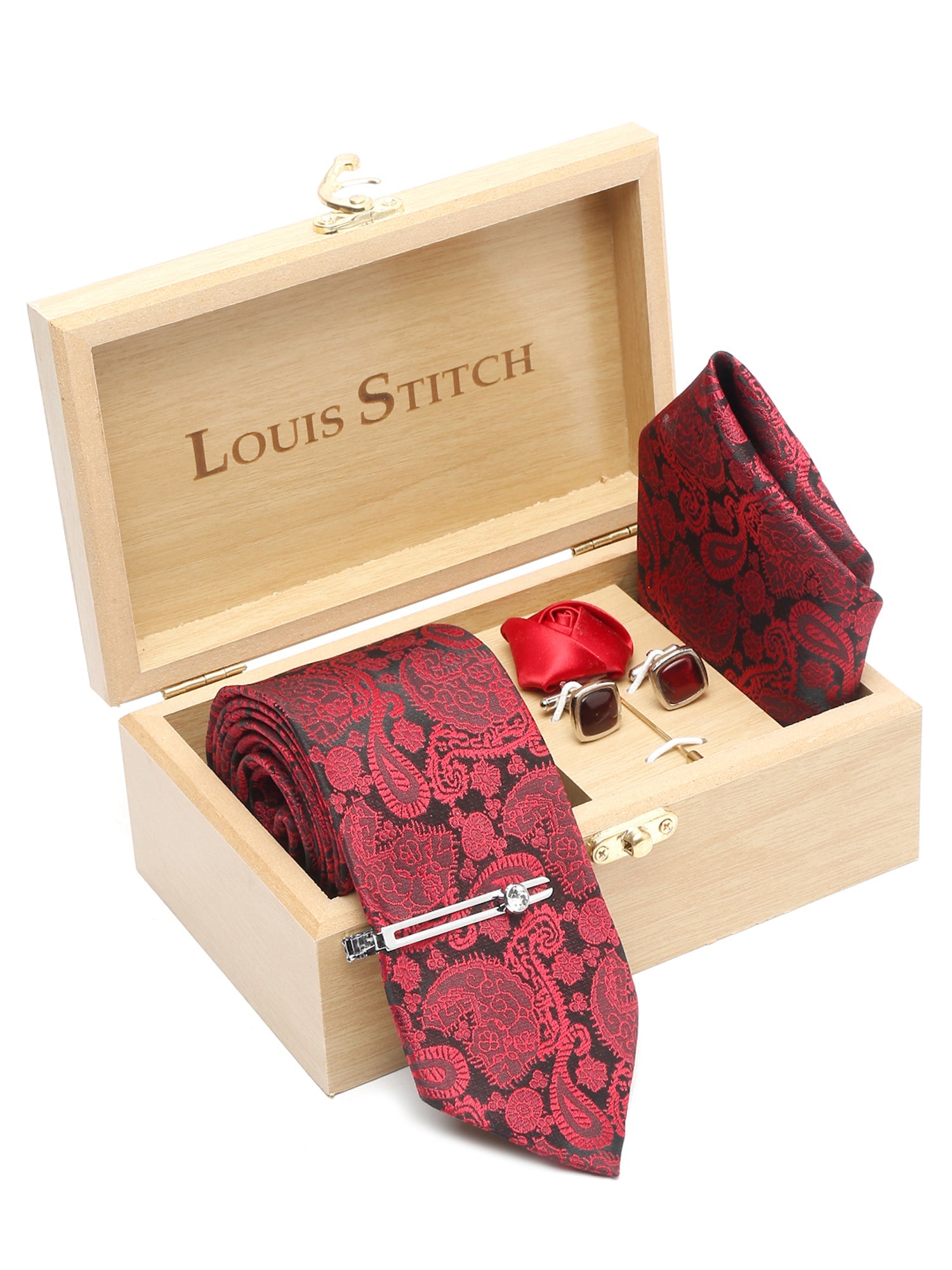 Crimson Red Luxury Italian Silk Necktie Set With Pocket Square Cufflinks Brooch Chrome Tie pin