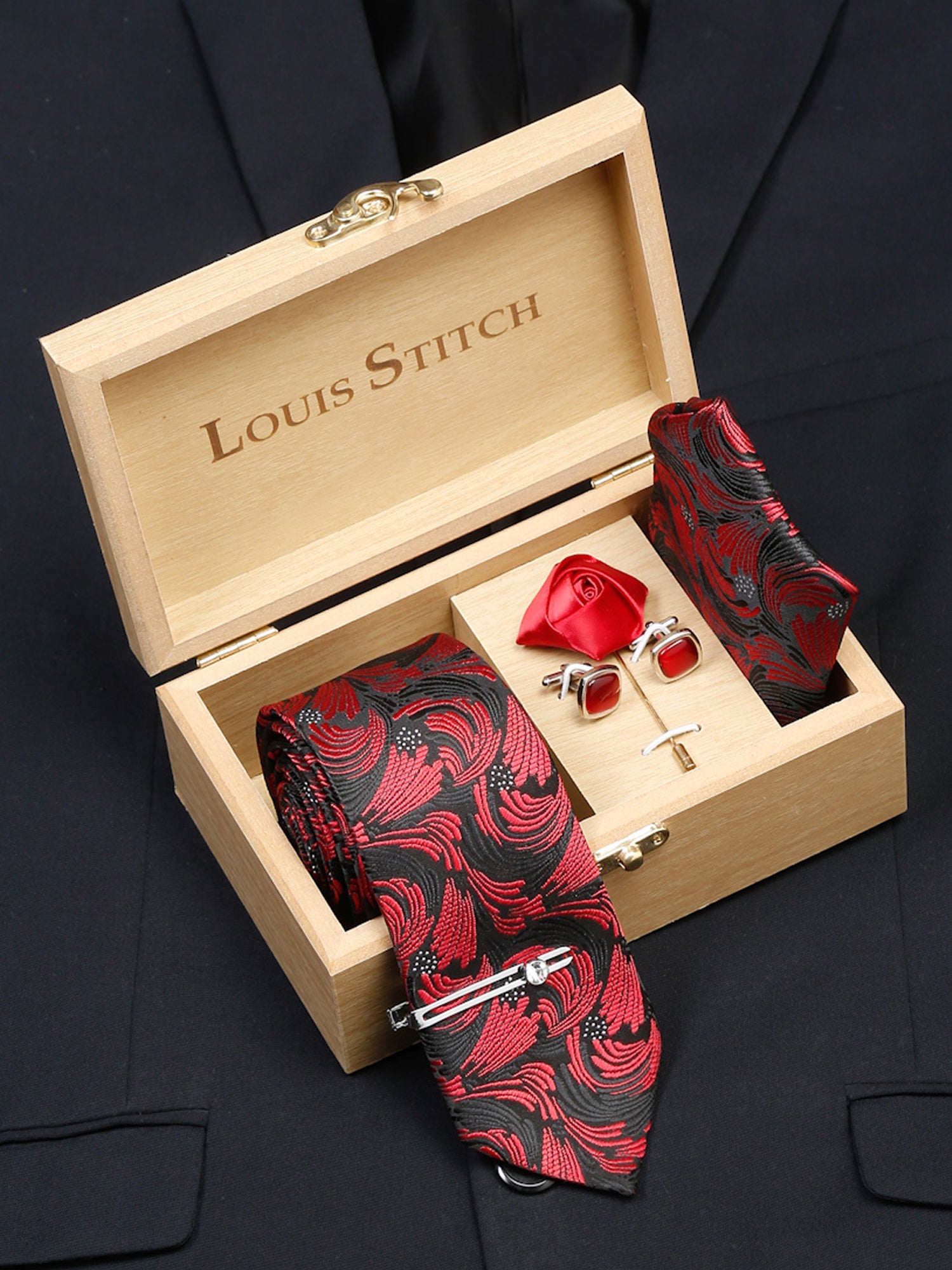  Ruby Red Luxury Italian Silk Necktie Set With Pocket Square Cufflinks Brooch Chrome Tie pin