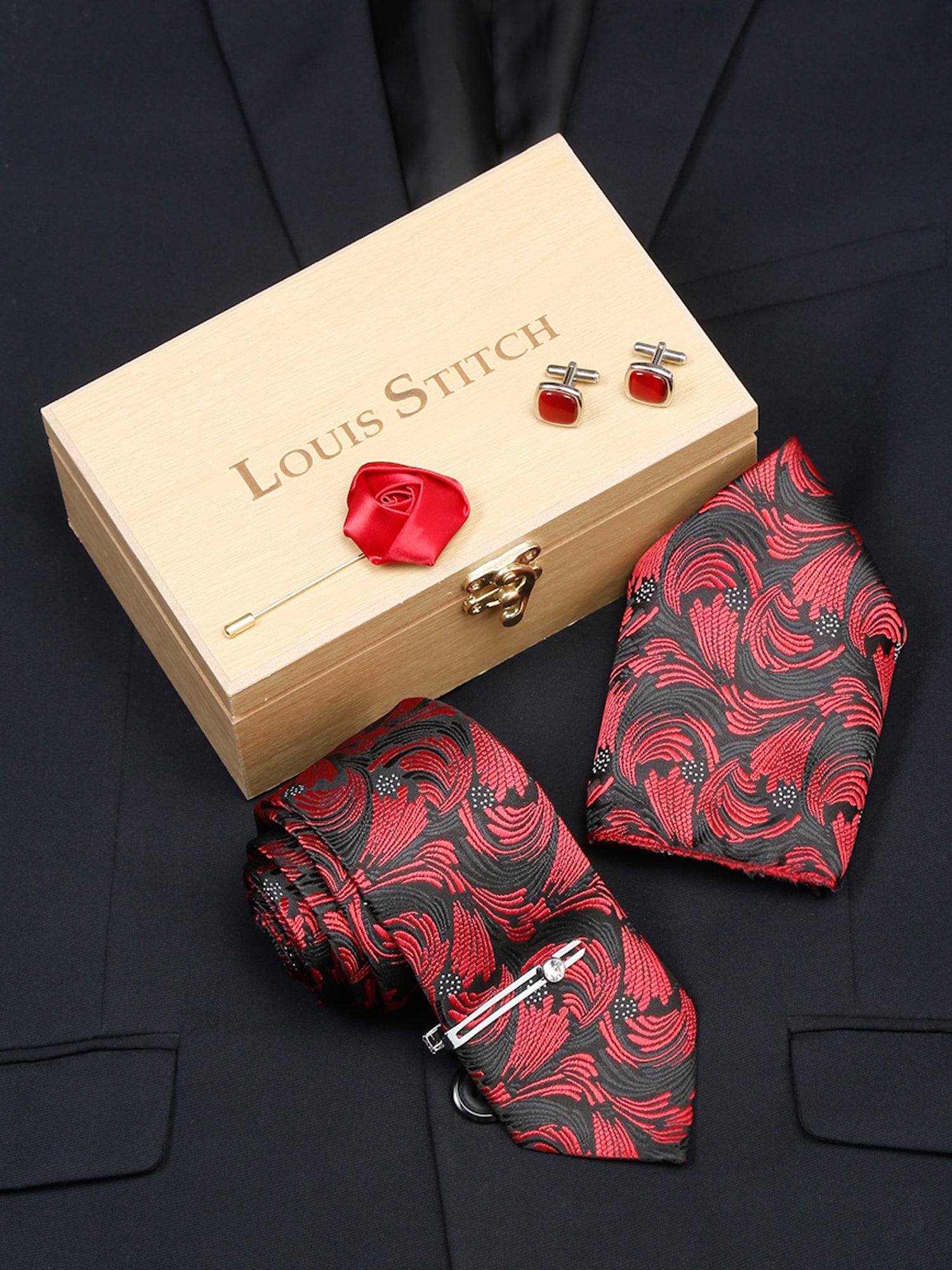 Ruby Red Luxury Italian Silk Necktie Set With Pocket Square Cufflinks Brooch Chrome Tie pin