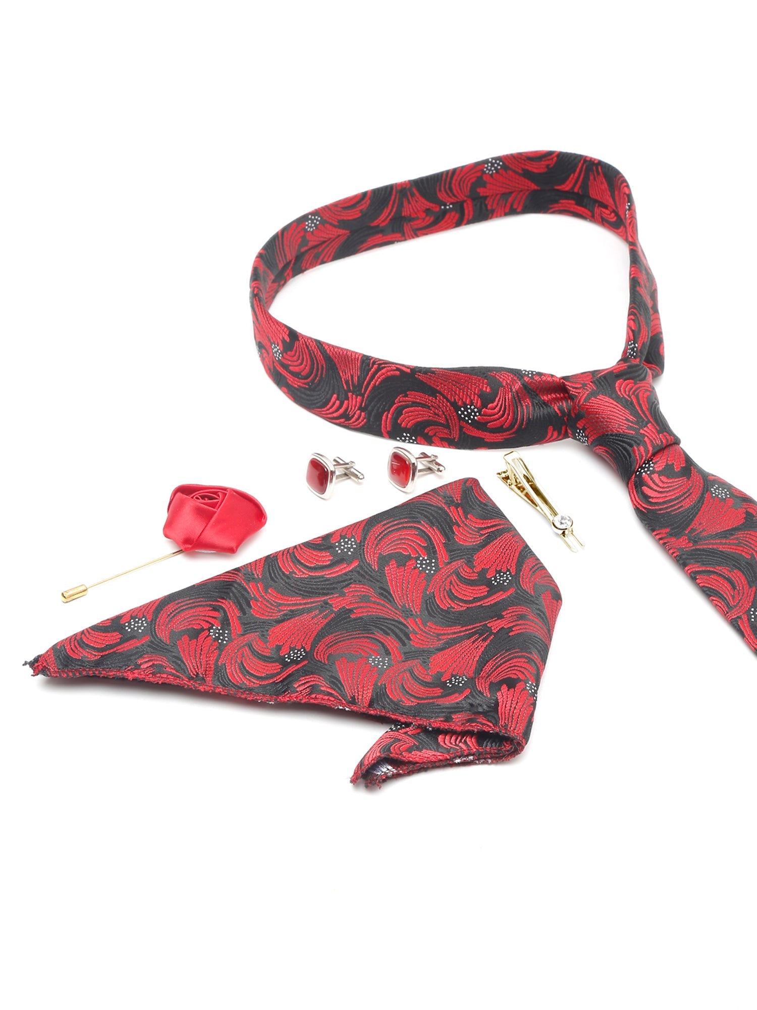 Ruby Red Luxury Italian Silk Necktie Set With Pocket Square Cufflinks Brooch Gold Tie pin