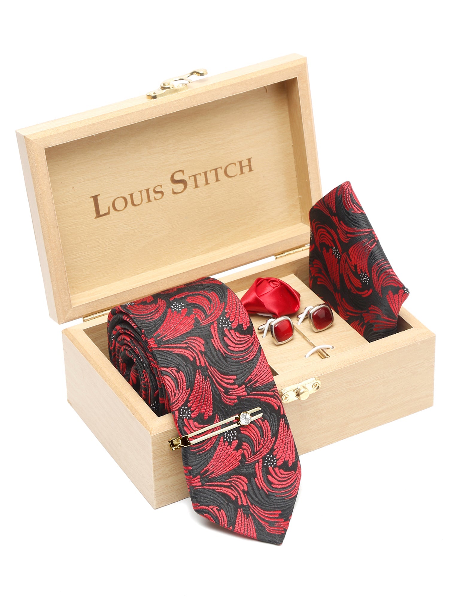 Ruby Red Luxury Italian Silk Necktie Set With Pocket Square Cufflinks Brooch Gold Tie pin