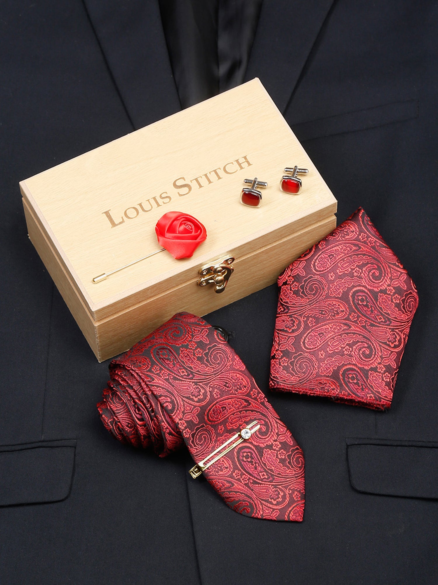 Ferrari red Luxury Italian Silk Necktie Set With Pocket Square Cufflinks Brooch Gold Tie pin