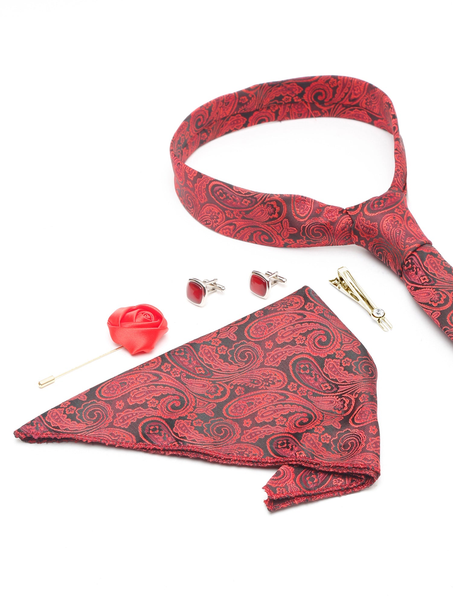 Ferrari red Luxury Italian Silk Necktie Set With Pocket Square Cufflinks Brooch Gold Tie pin