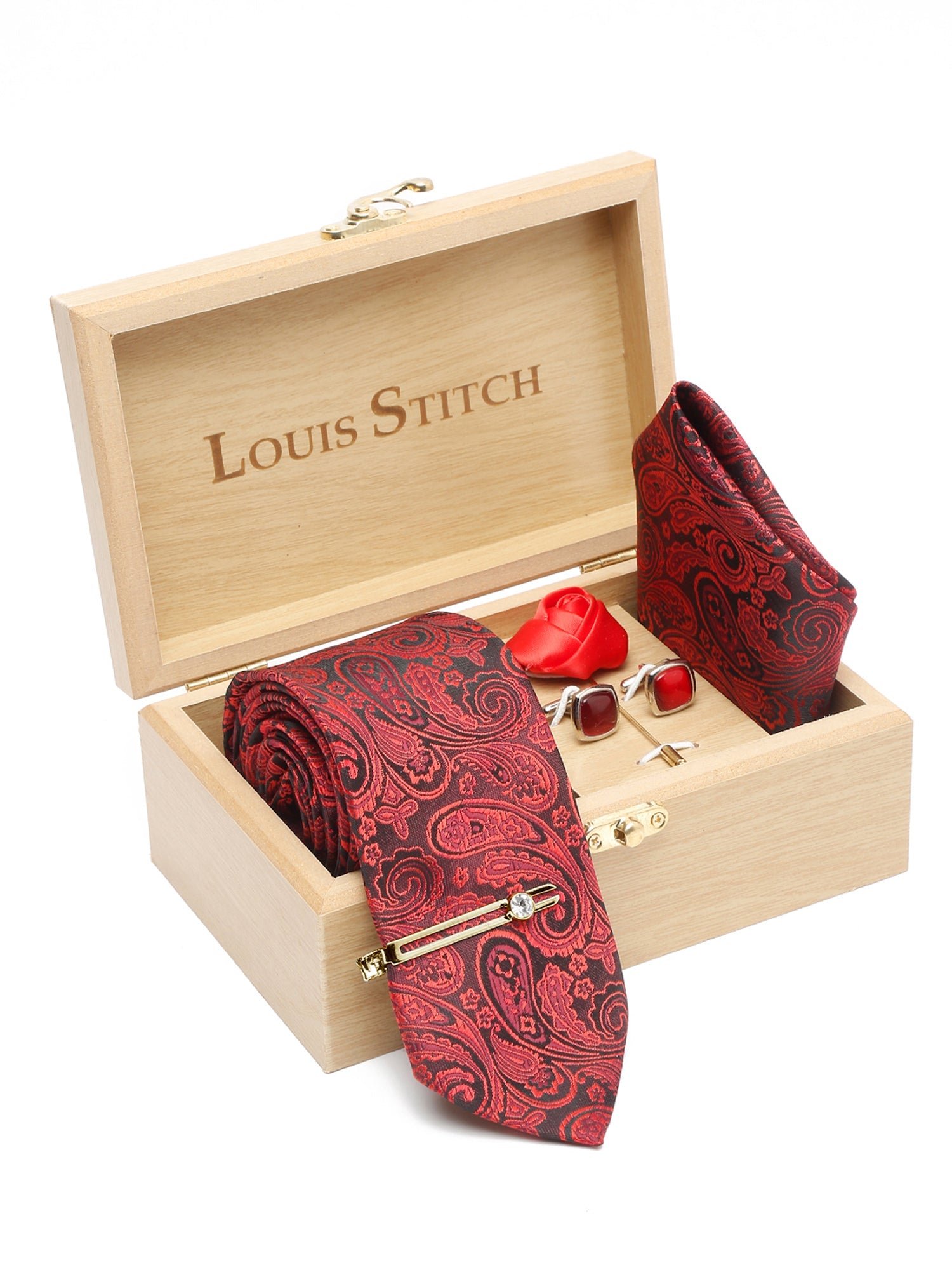 Ferrari red Luxury Italian Silk Necktie Set With Pocket Square Cufflinks Brooch Gold Tie pin