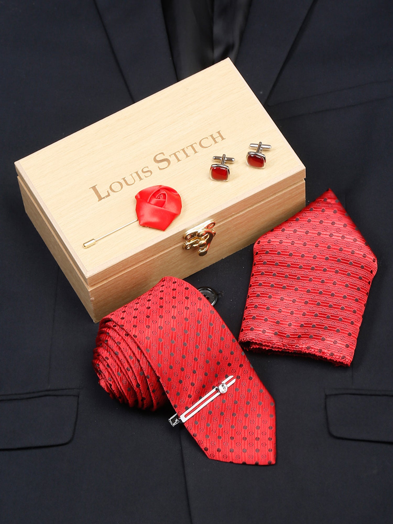 Indian Red Luxury Italian Silk Necktie Set With Pocket Square Cufflinks Brooch Chrome Tie pin