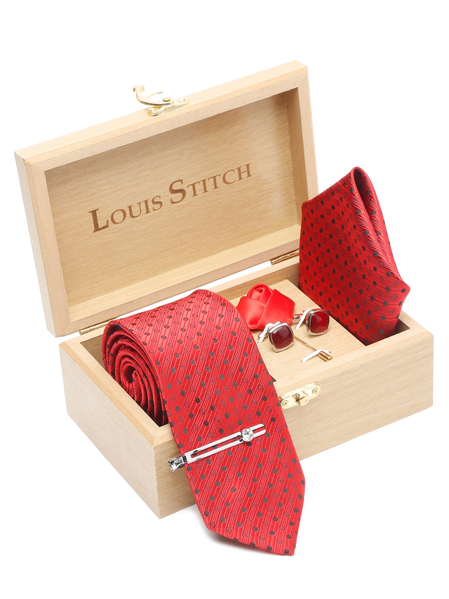 Indian Red Luxury Italian Silk Necktie Set With Pocket Square Cufflinks Brooch Chrome Tie pin