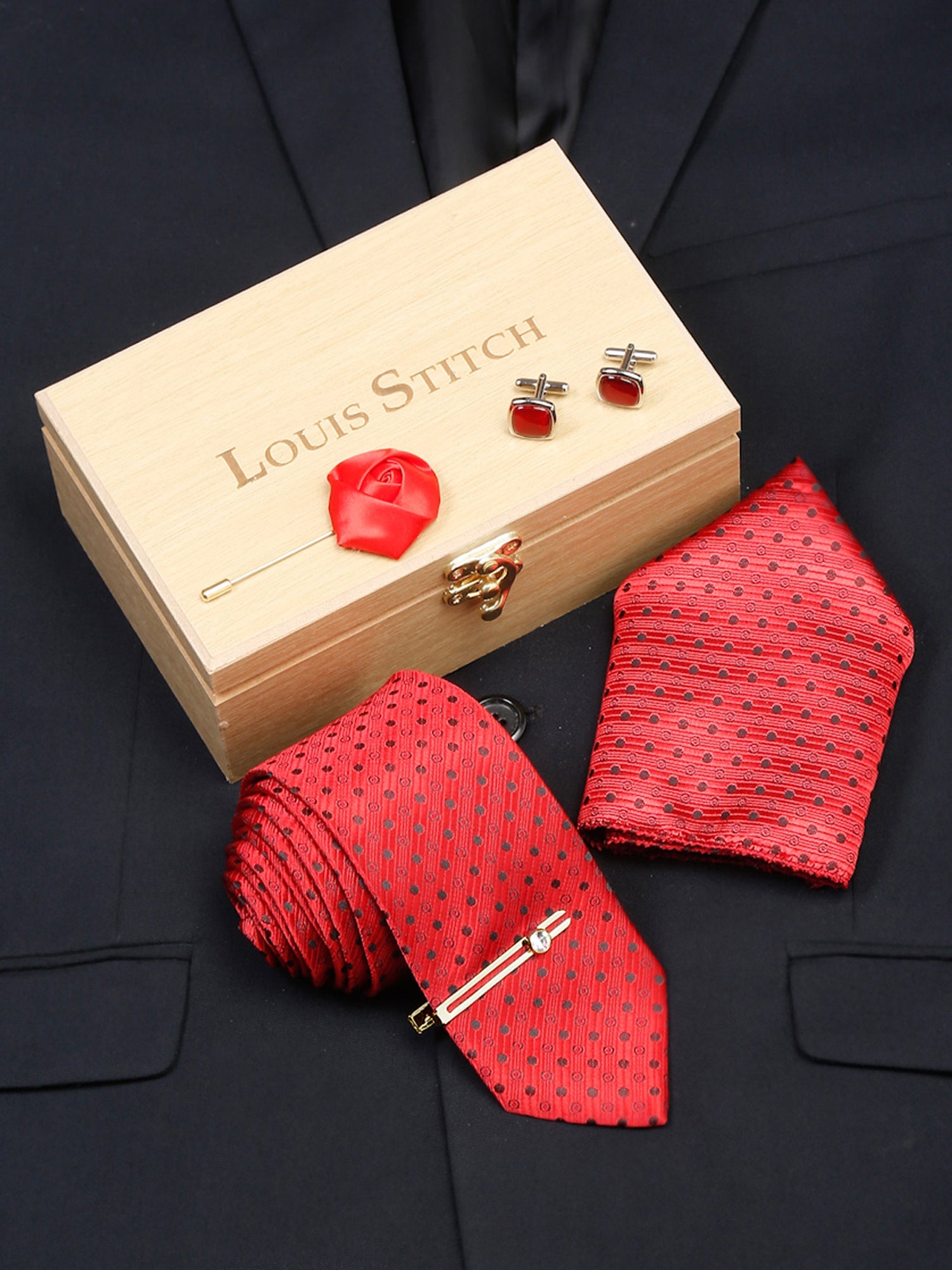 Indian Red Luxury Italian Silk Necktie Set With Pocket Square Cufflinks Brooch Gold Tie pin