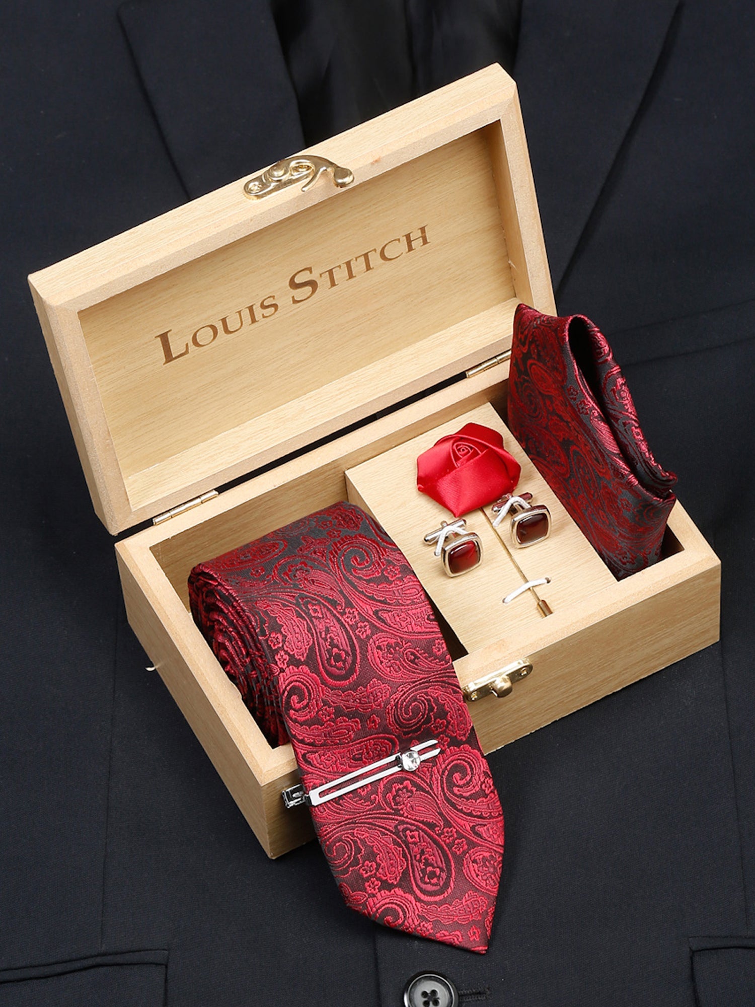  Persian Red Luxury Italian Silk Necktie Set With Pocket Square Cufflinks Brooch Chrome Tie pin