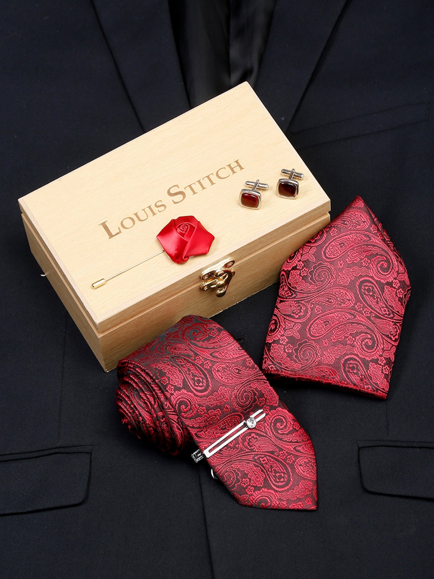 Persian Red Luxury Italian Silk Necktie Set With Pocket Square Cufflinks Brooch Chrome Tie pin