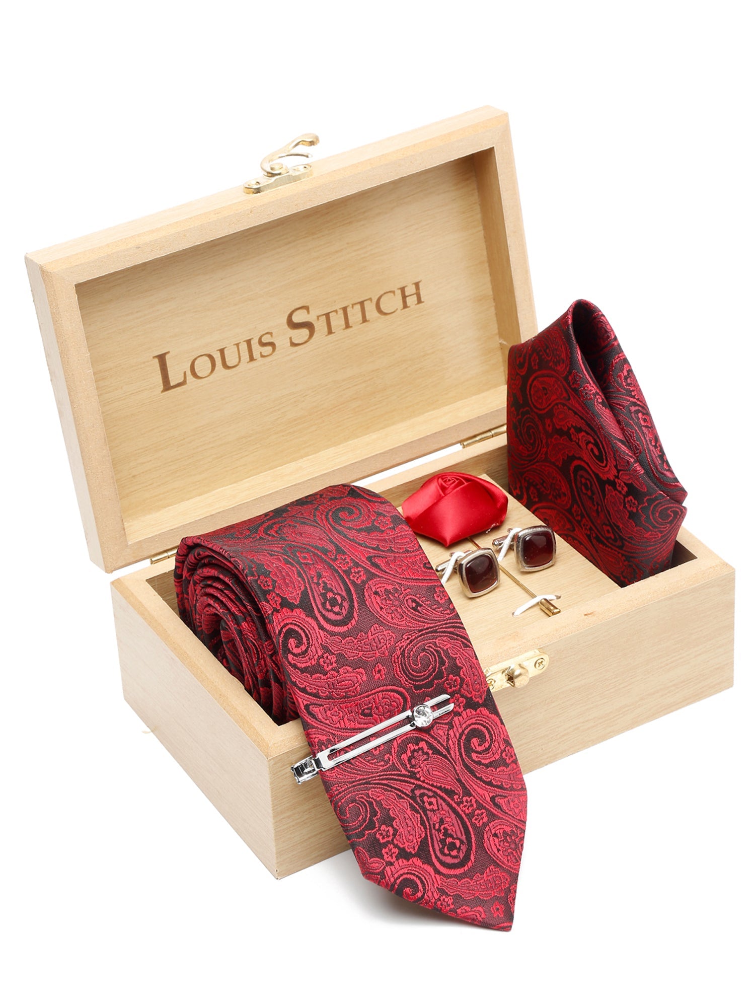 Persian Red Luxury Italian Silk Necktie Set With Pocket Square Cufflinks Brooch Chrome Tie pin