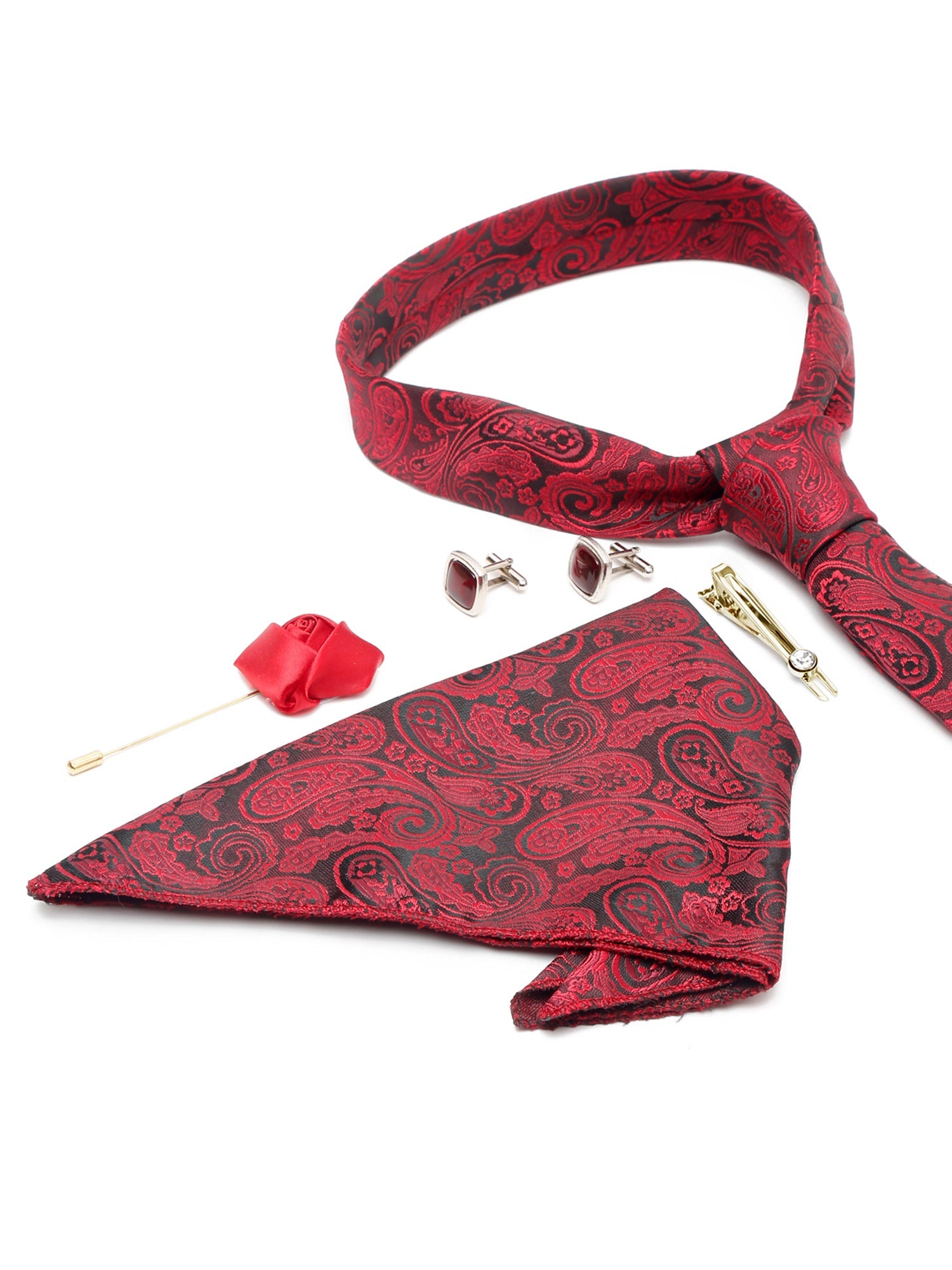 Persian Red Luxury Italian Silk Necktie Set With Pocket Square Cufflinks Brooch Gold Tie pin