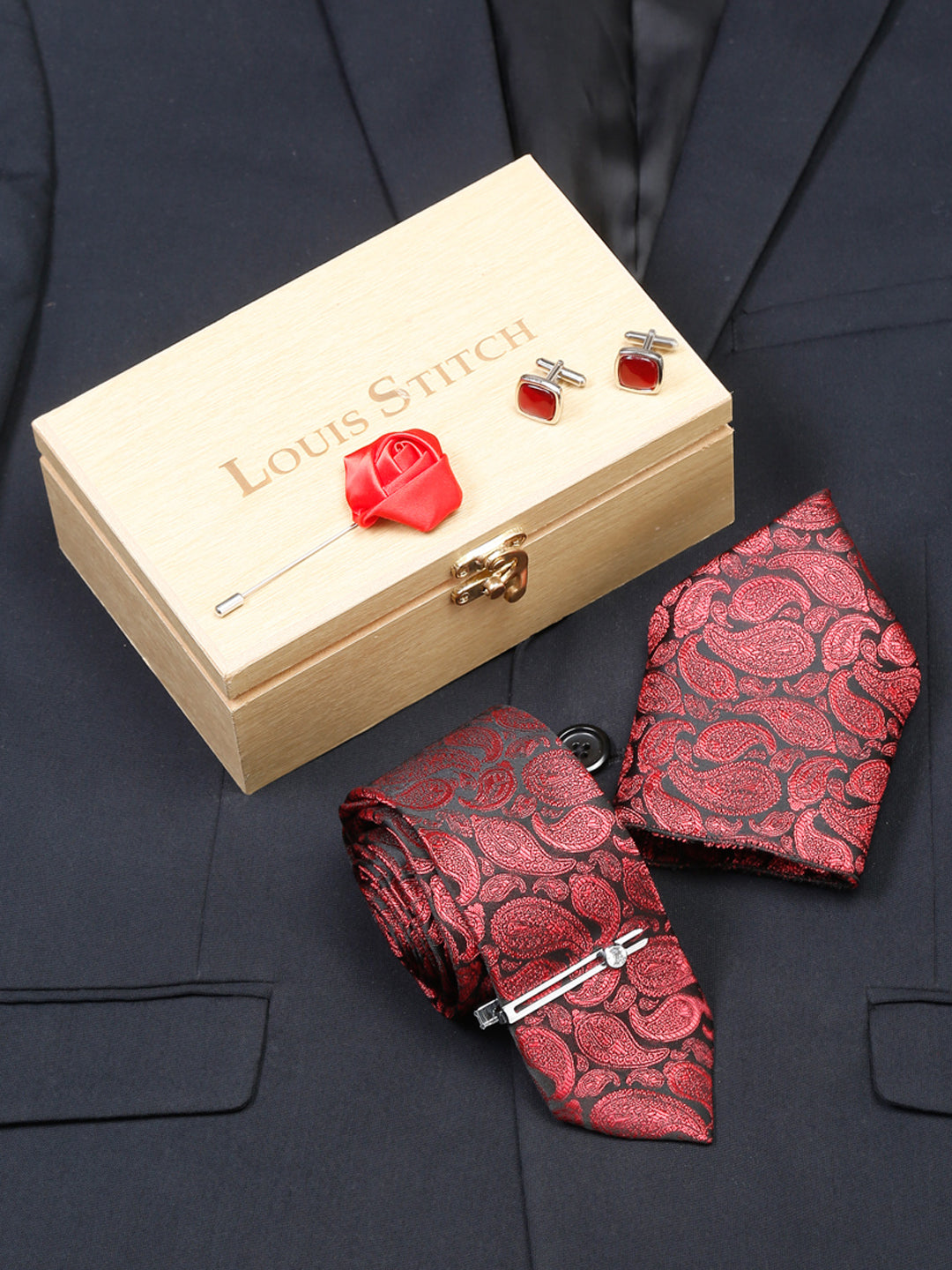 Wine Red Luxury Italian Silk Necktie Set With Pocket Square Cufflinks Brooch Chrome Tie pin