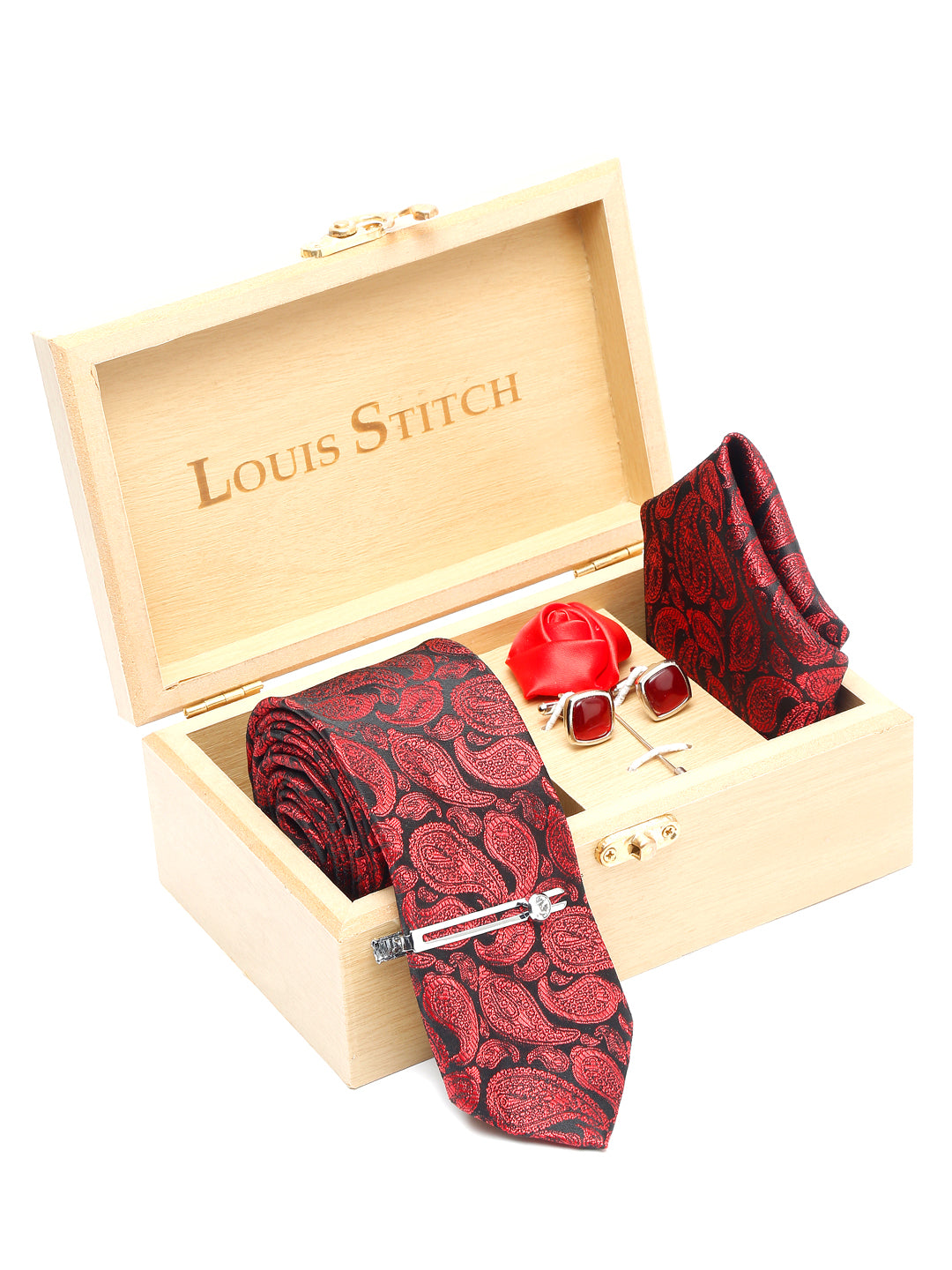 Wine Red Luxury Italian Silk Necktie Set With Pocket Square Cufflinks Brooch Chrome Tie pin