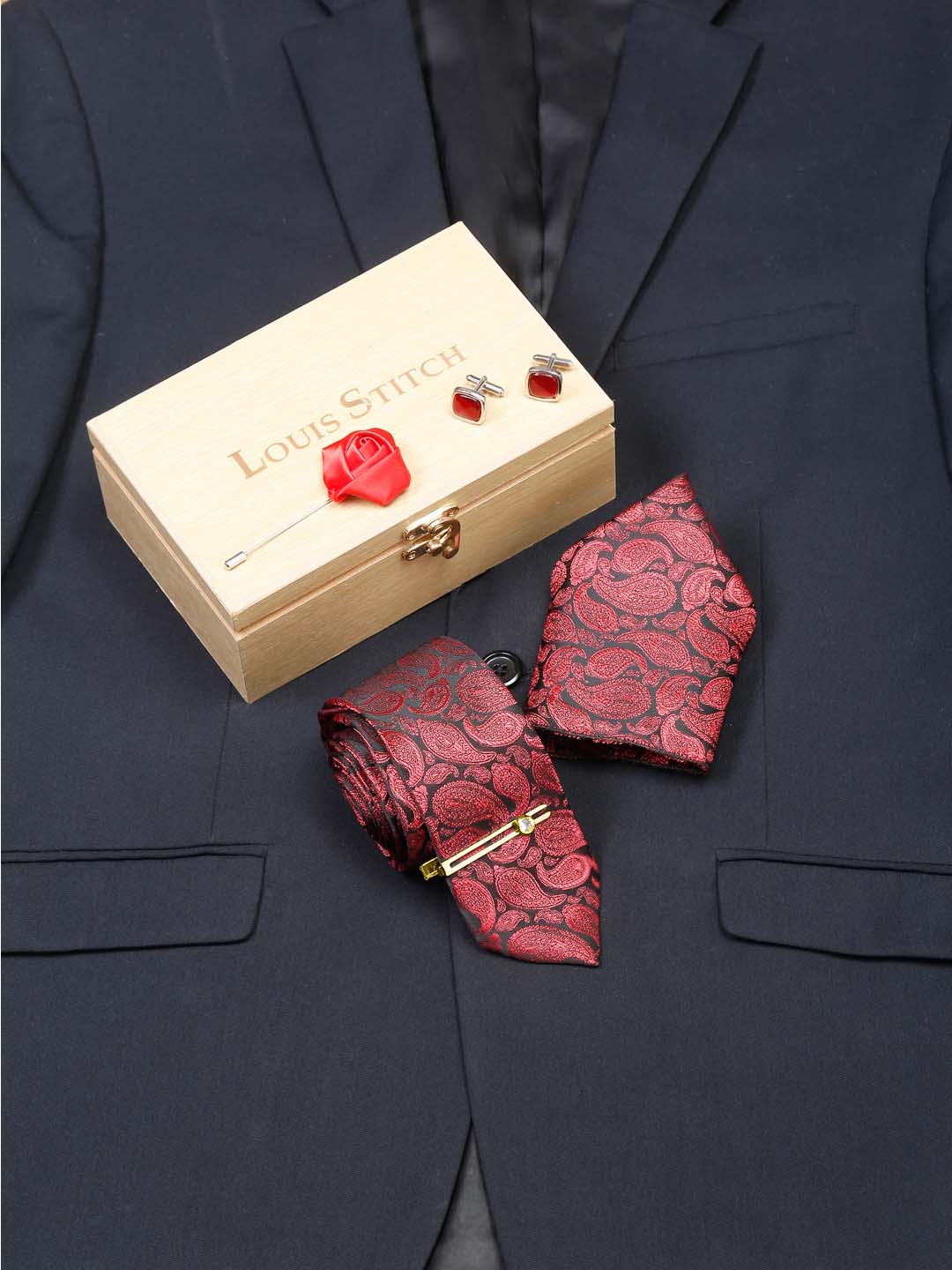 Wine Red Luxury Italian Silk Necktie Set With Pocket Square Cufflinks Brooch Gold Tie pin