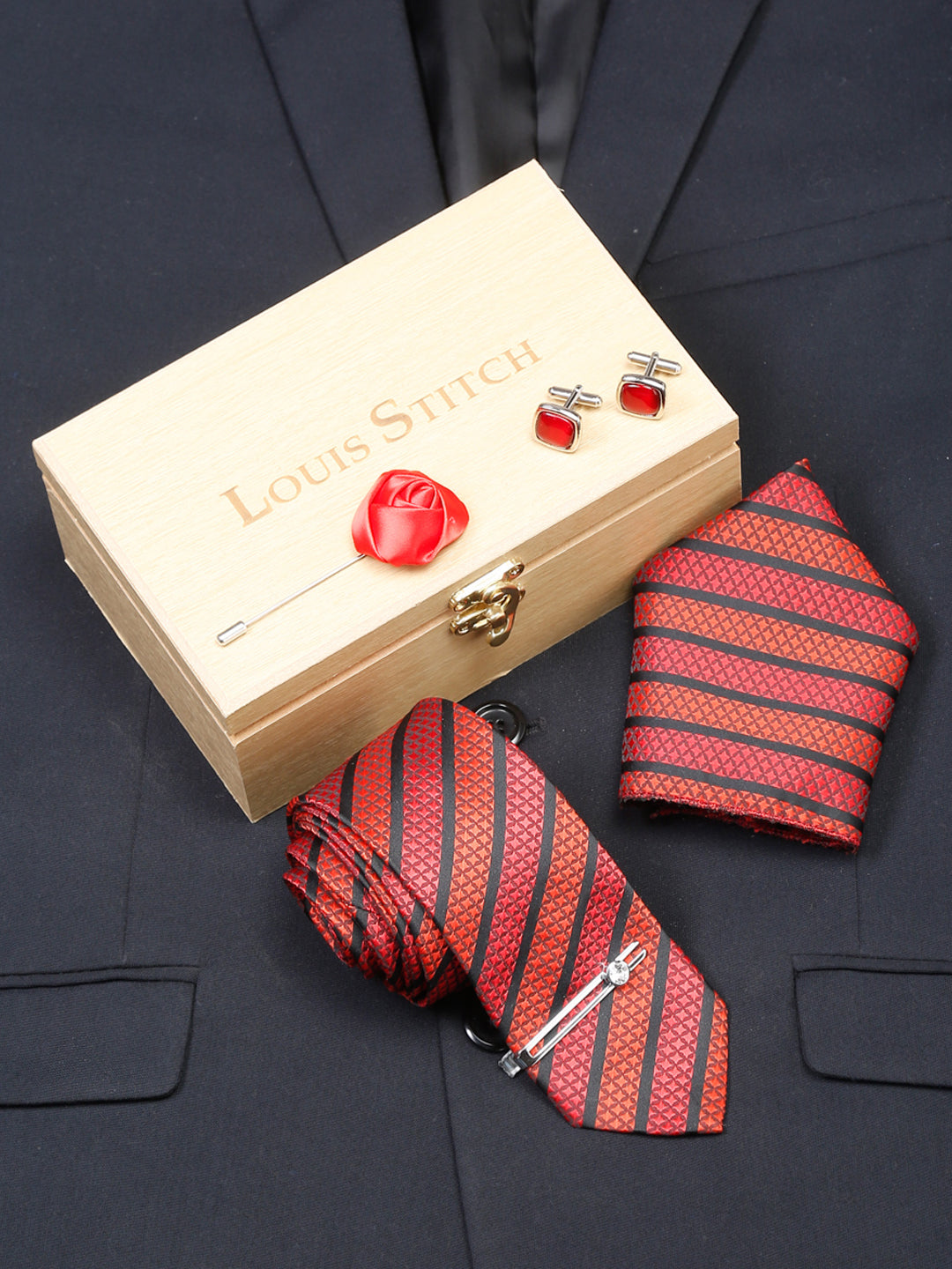 Ruby Red Luxury Italian Silk Necktie Set With Pocket Square Cufflinks Brooch Chrome Tie pin