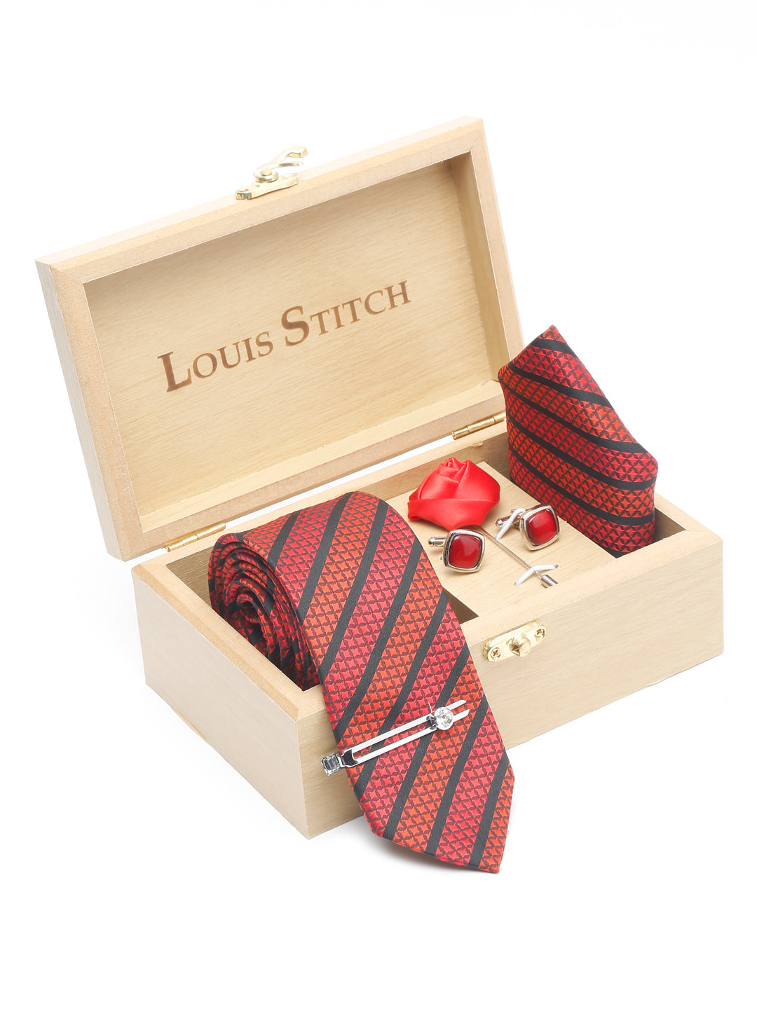 Ruby Red Luxury Italian Silk Necktie Set With Pocket Square Cufflinks Brooch Chrome Tie pin