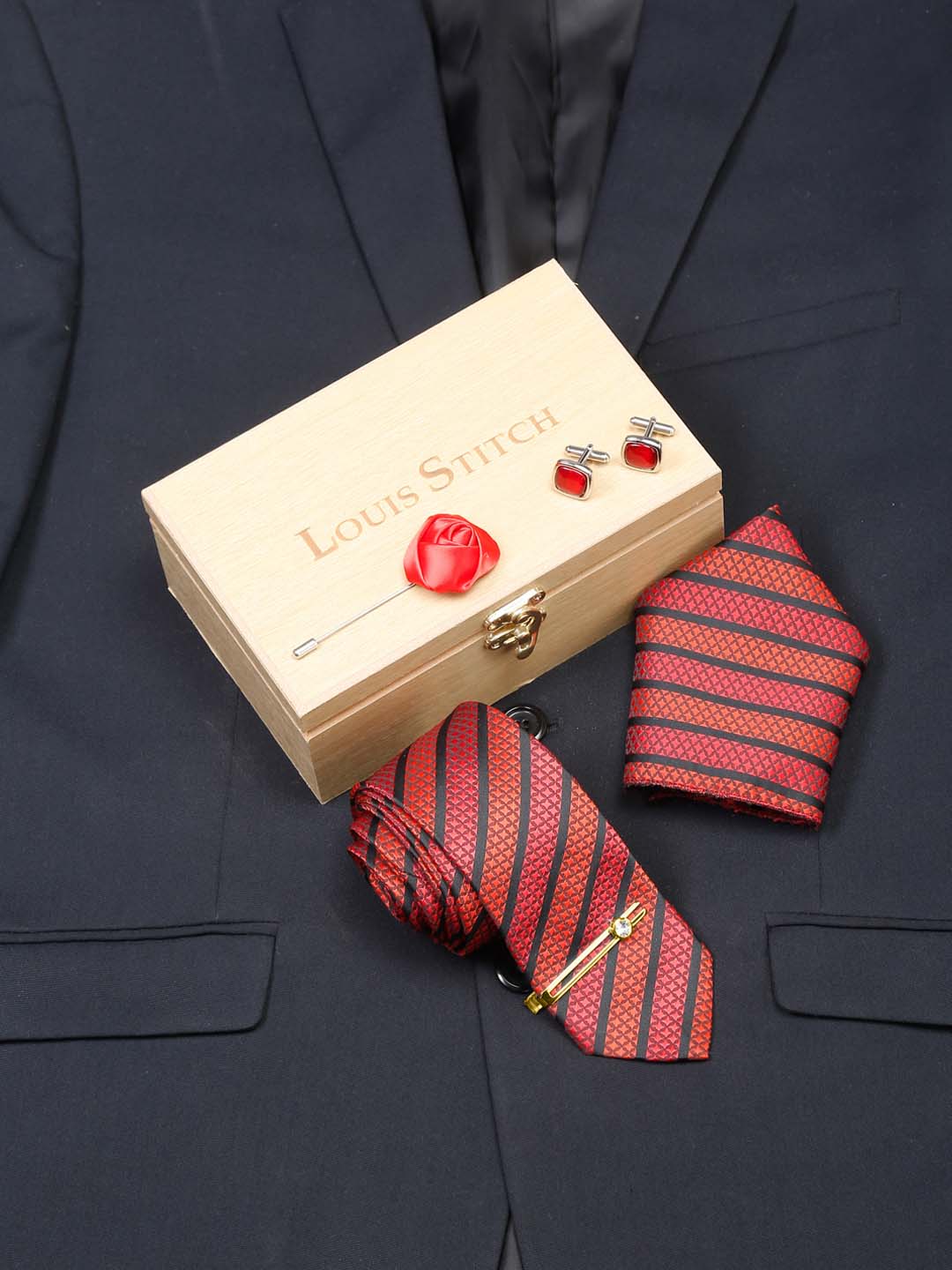 Ruby Red Luxury Italian Silk Necktie Set With Pocket Square Cufflinks Brooch Gold Tie pin