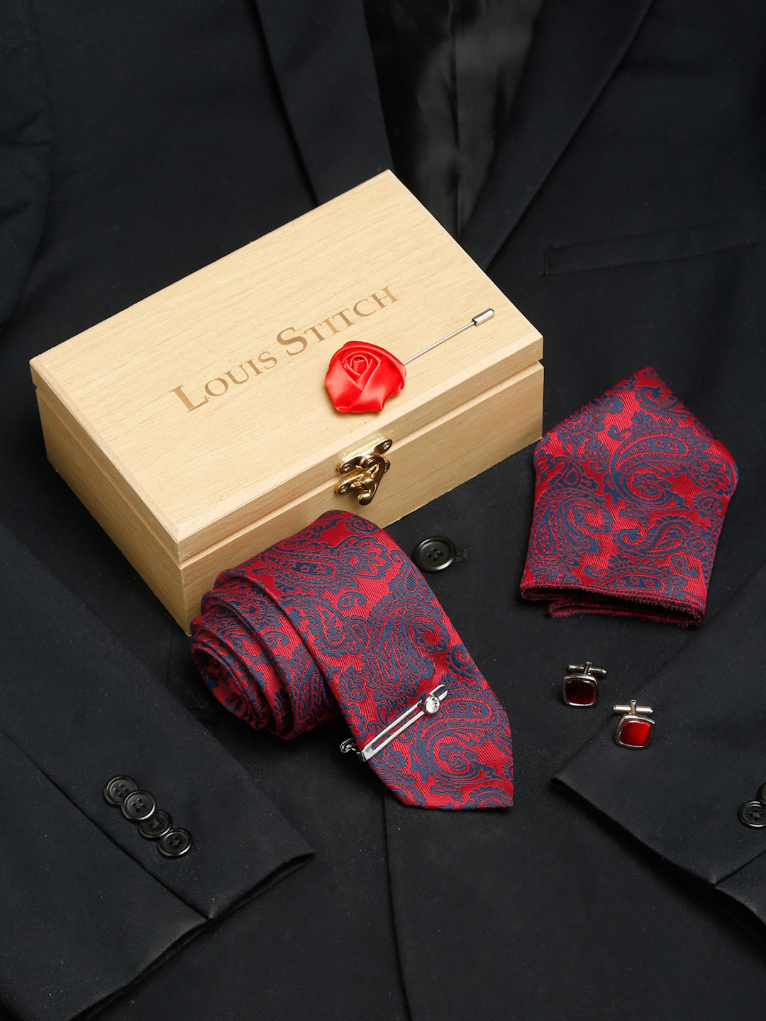 Candy Red Luxury Italian Silk Necktie Set With Pocket Square Cufflinks Brooch Chrome Tie pin