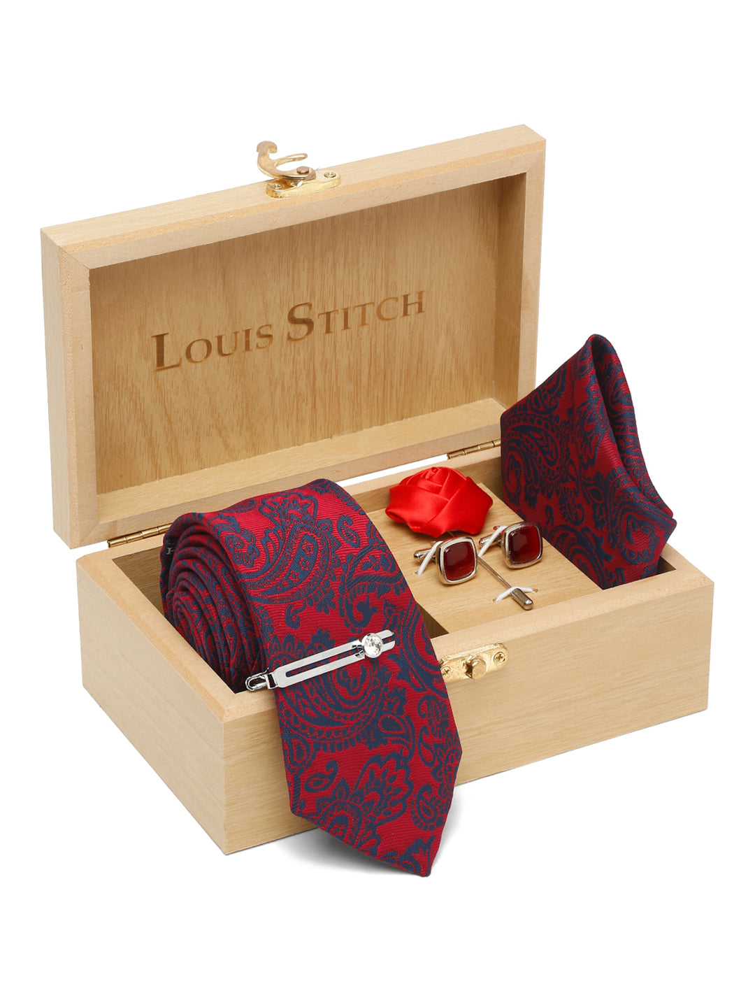 Candy Red Luxury Italian Silk Necktie Set With Pocket Square Cufflinks Brooch Chrome Tie pin