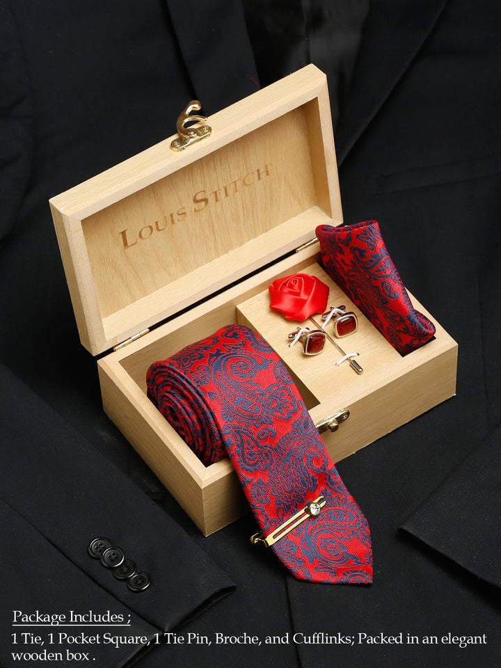  Candy Red Luxury Italian Silk Necktie Set With Pocket Square Cufflinks Brooch Gold Tie pin