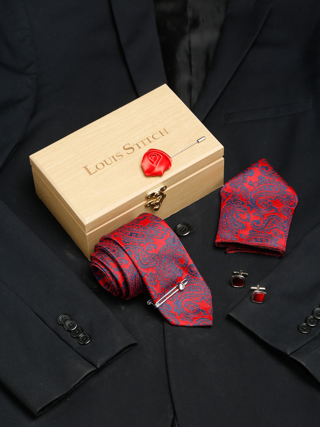 Candy Red Luxury Italian Silk Necktie Set With Pocket Square Cufflinks Brooch Gold Tie pin