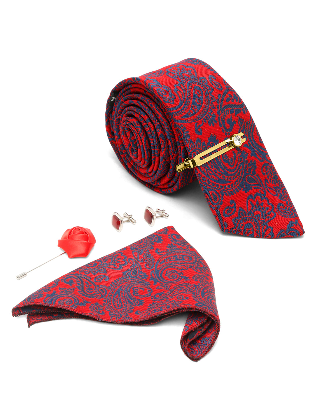 Candy Red Luxury Italian Silk Necktie Set With Pocket Square Cufflinks Brooch Gold Tie pin