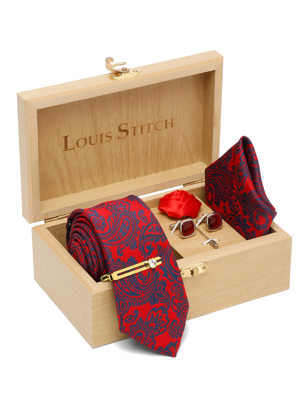 Candy Red Luxury Italian Silk Necktie Set With Pocket Square Cufflinks Brooch Gold Tie pin