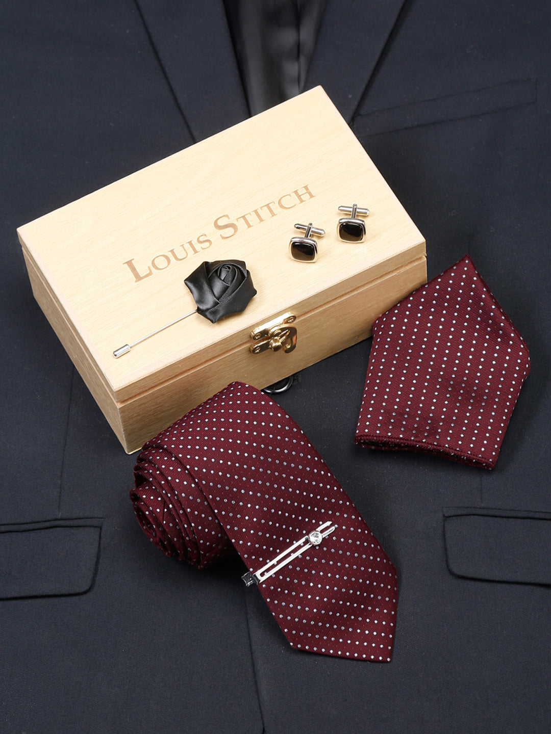 Polka Red Luxury Italian Silk Necktie Set With Pocket Square Cufflinks Brooch Chrome Tie pin