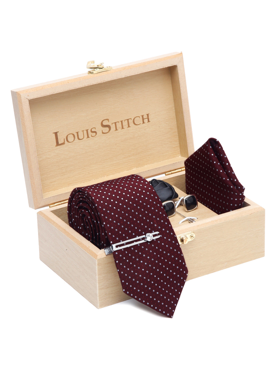 Polka Red Luxury Italian Silk Necktie Set With Pocket Square Cufflinks Brooch Chrome Tie pin