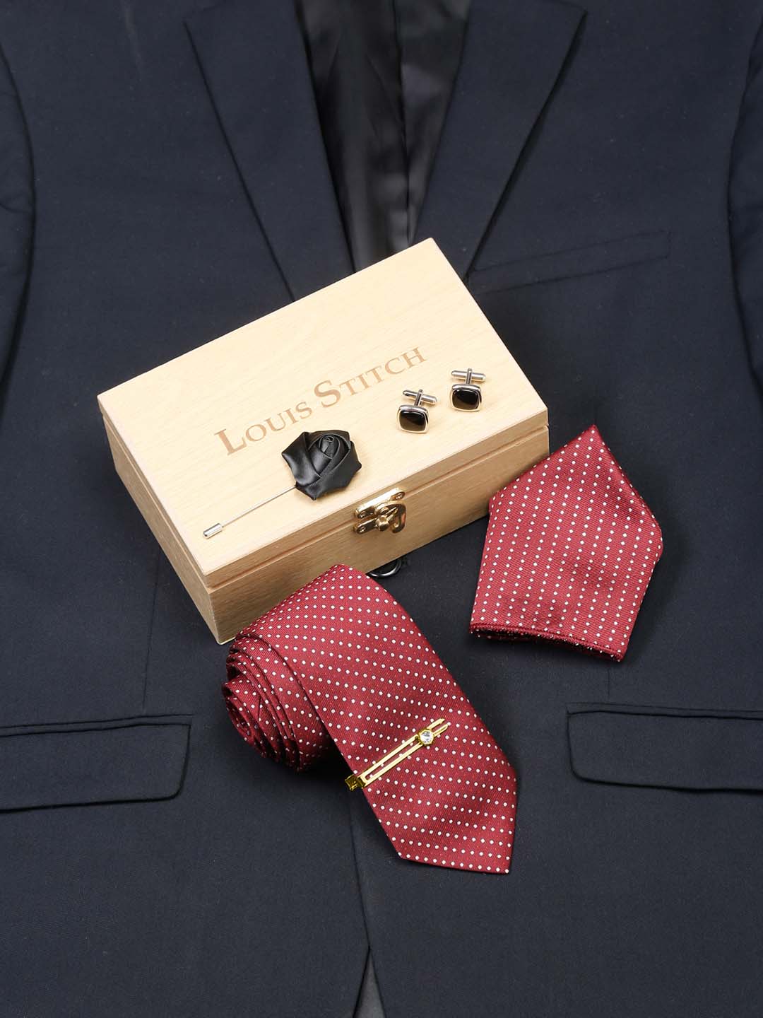 Polka Red Luxury Italian Silk Necktie Set With Pocket Square Cufflinks Brooch Gold Tie pin