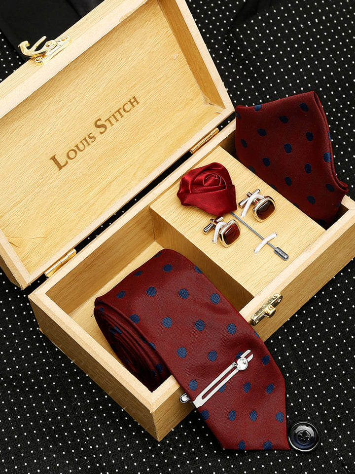  Polka Red Luxury Italian Silk Necktie Set With Pocket Square Cufflinks Brooch Chrome Tie pin