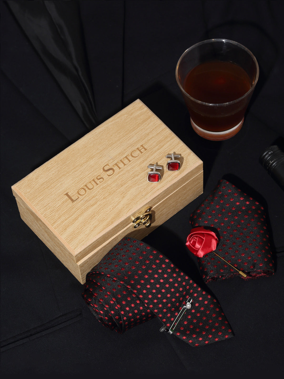 Polka Dotted Red Luxury Italian Silk Necktie Set With Pocket Square Cufflinks Brooch Chrome Tie pin