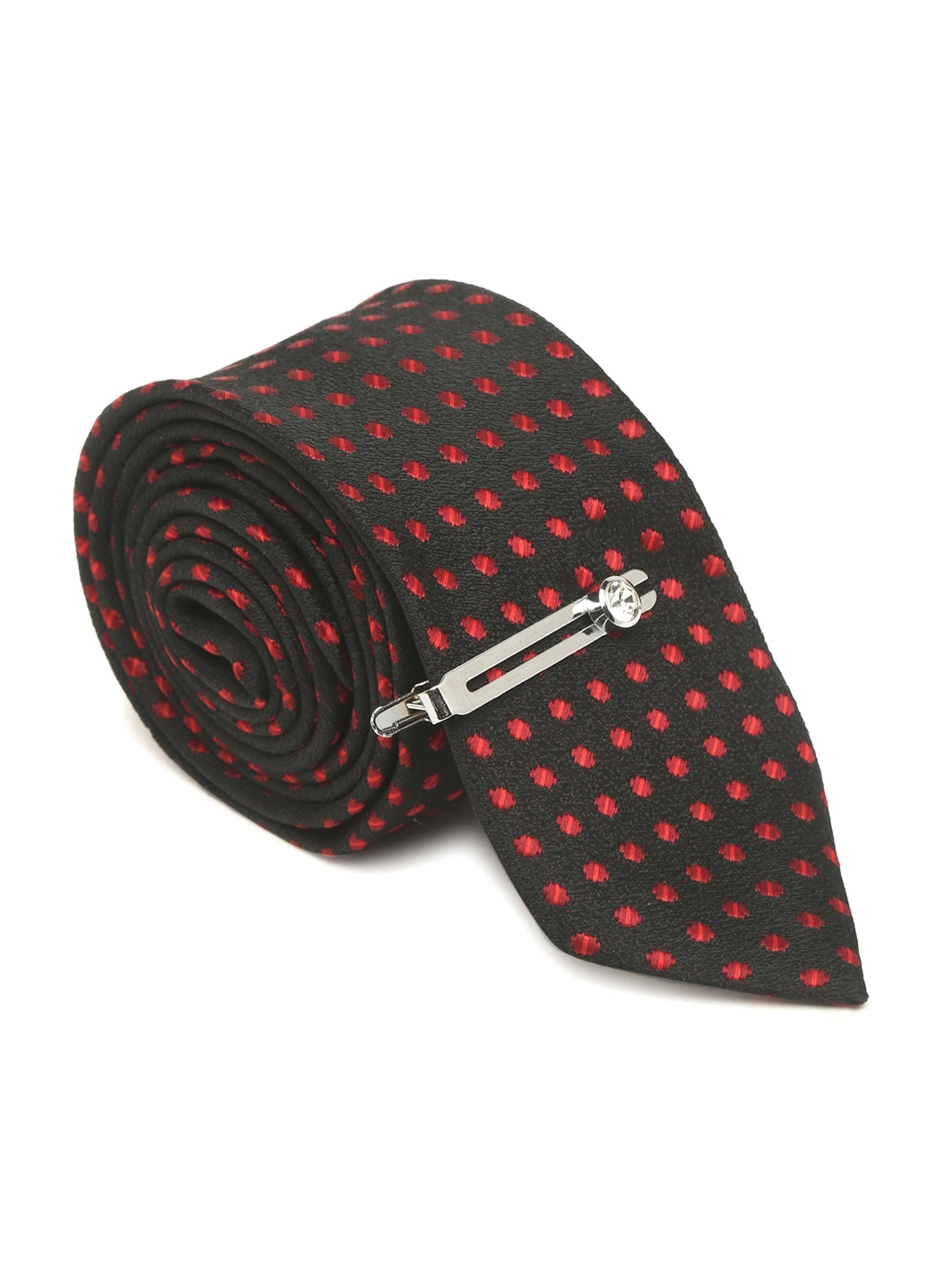 Polka Dotted Red Luxury Italian Silk Necktie Set With Pocket Square Cufflinks Brooch Chrome Tie pin