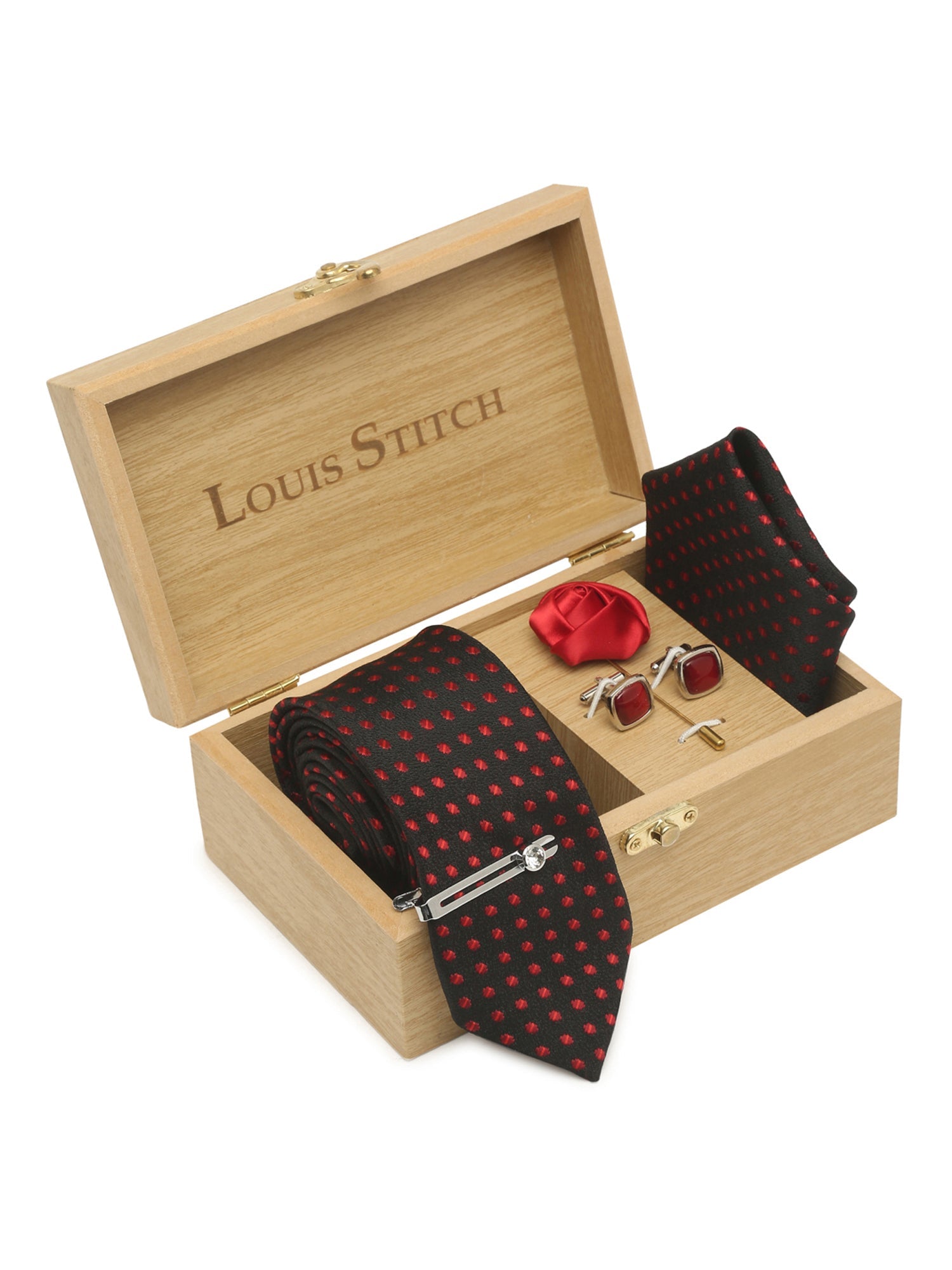 Polka Dotted Red Luxury Italian Silk Necktie Set With Pocket Square Cufflinks Brooch Chrome Tie pin