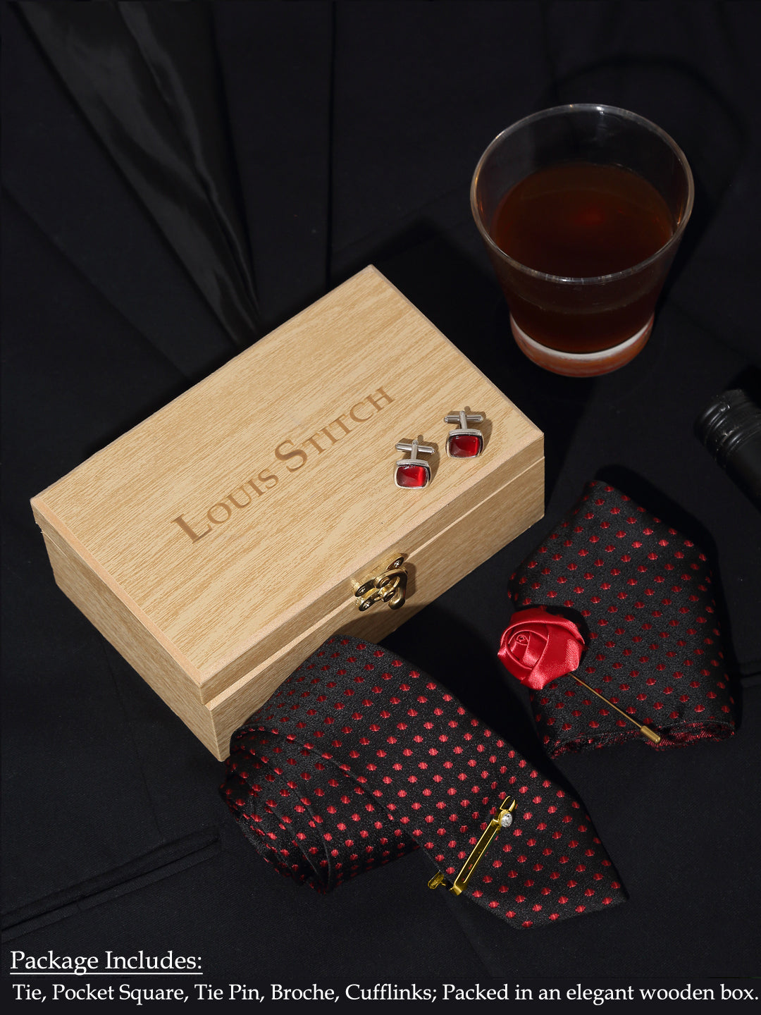 Polka Dotted Red Luxury Italian Silk Necktie Set With Pocket Square Cufflinks Brooch Gold Tie pin