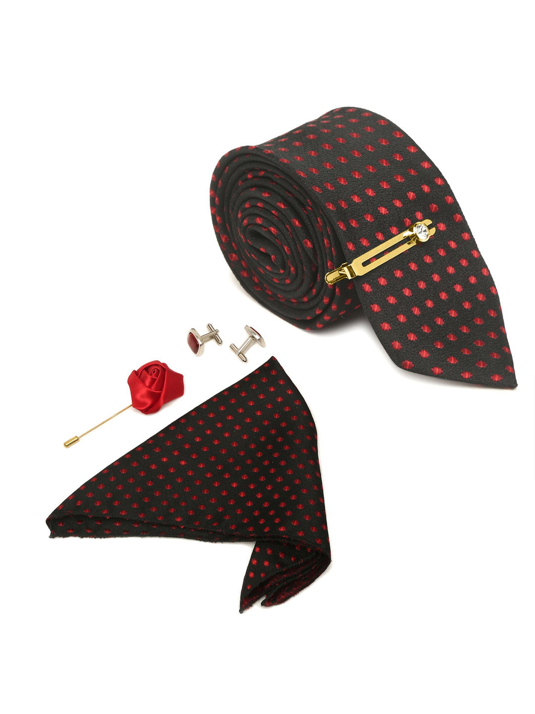 Polka Dotted Red Luxury Italian Silk Necktie Set With Pocket Square Cufflinks Brooch Gold Tie pin