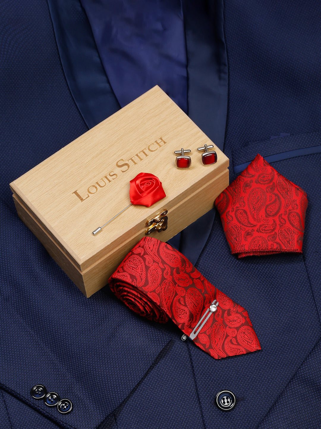 Floral Red Luxury Italian Silk Necktie Set With Pocket Square Cufflinks Brooch Chrome Tie pin