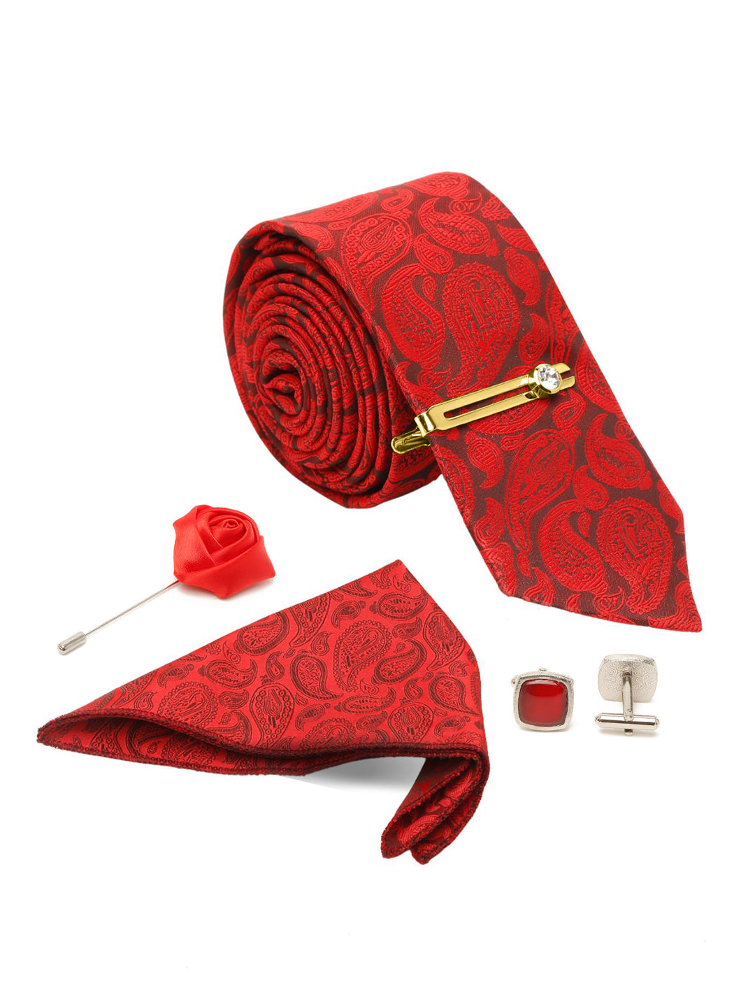 Floral Red Luxury Italian Silk Necktie Set With Pocket Square Cufflinks Brooch Gold Tie pin