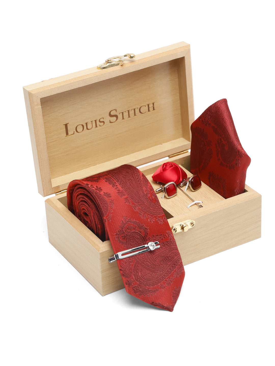 Scarlet Red Luxury Italian Silk Necktie Set With Pocket Square Cufflinks Brooch Chrome Tie pin