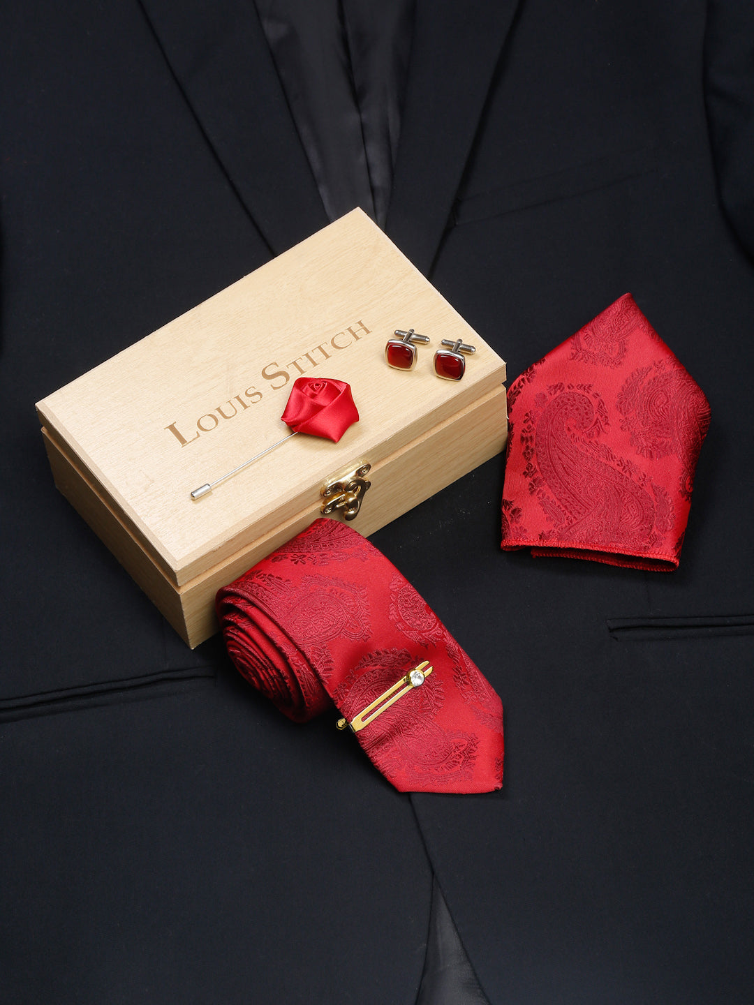 Scarlet Red Luxury Italian Silk Necktie Set With Pocket Square Cufflinks Brooch Gold Tie pin