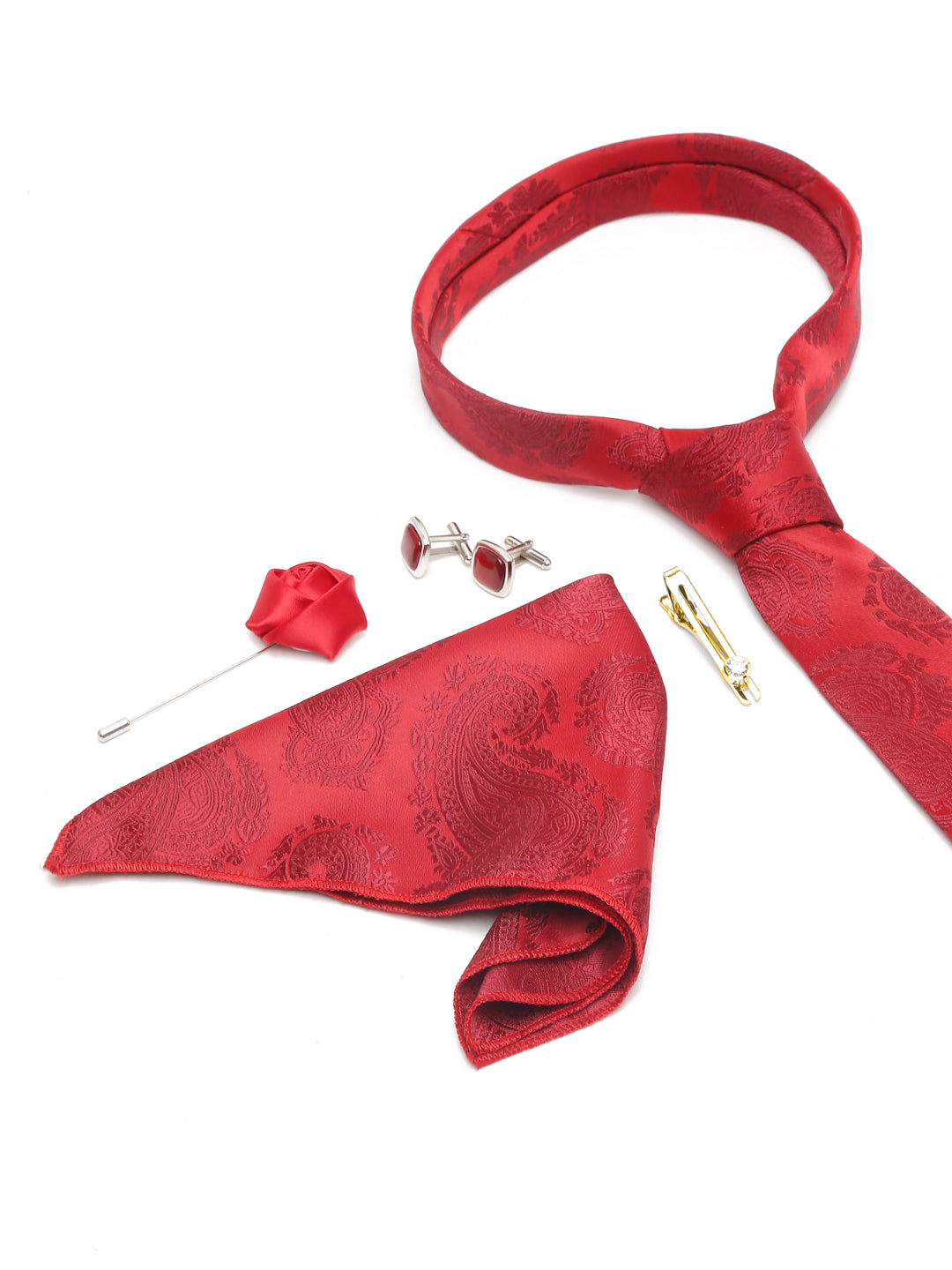 Scarlet Red Luxury Italian Silk Necktie Set With Pocket Square Cufflinks Brooch Gold Tie pin