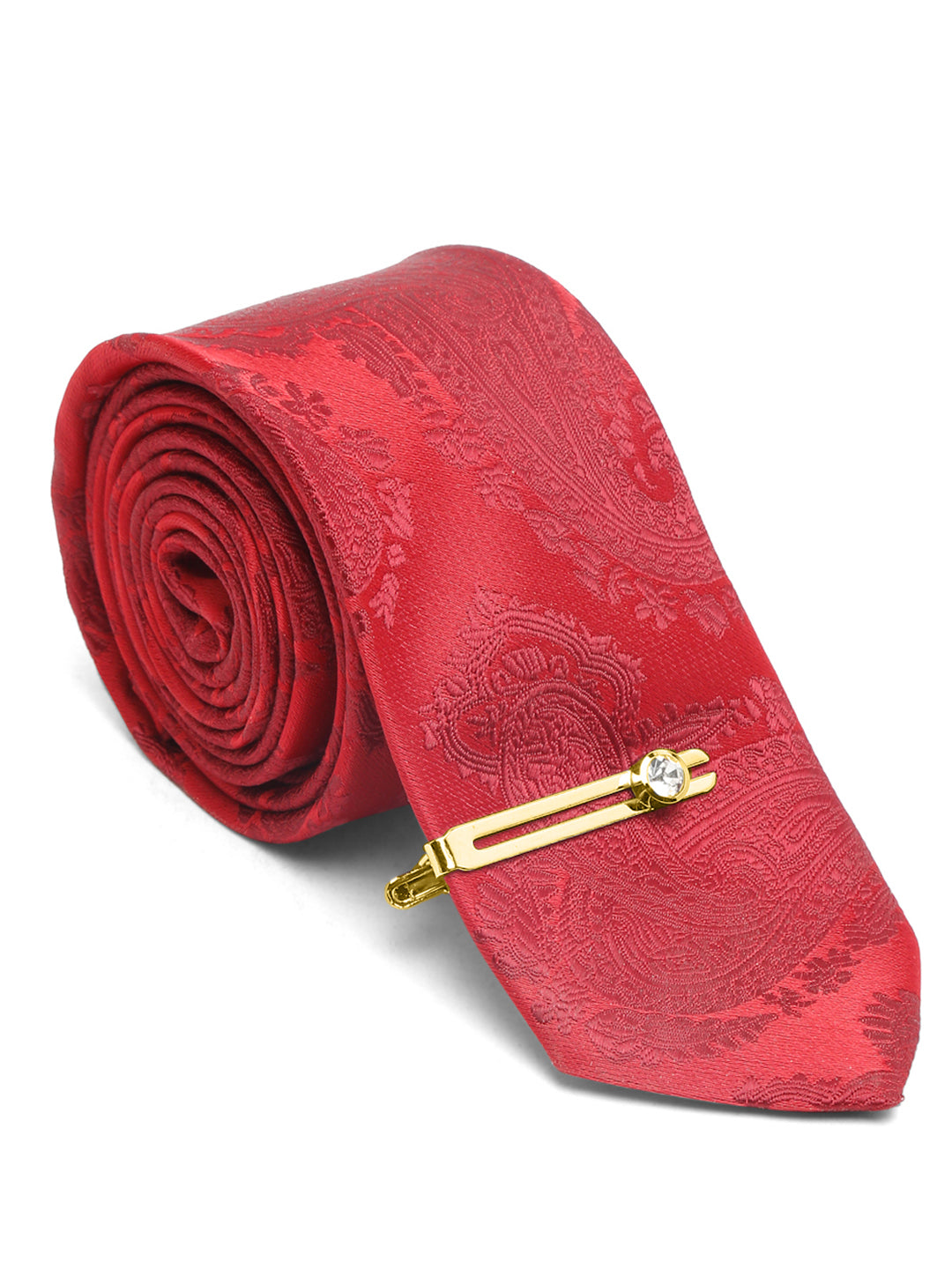 Scarlet Red Luxury Italian Silk Necktie Set With Pocket Square Cufflinks Brooch Gold Tie pin