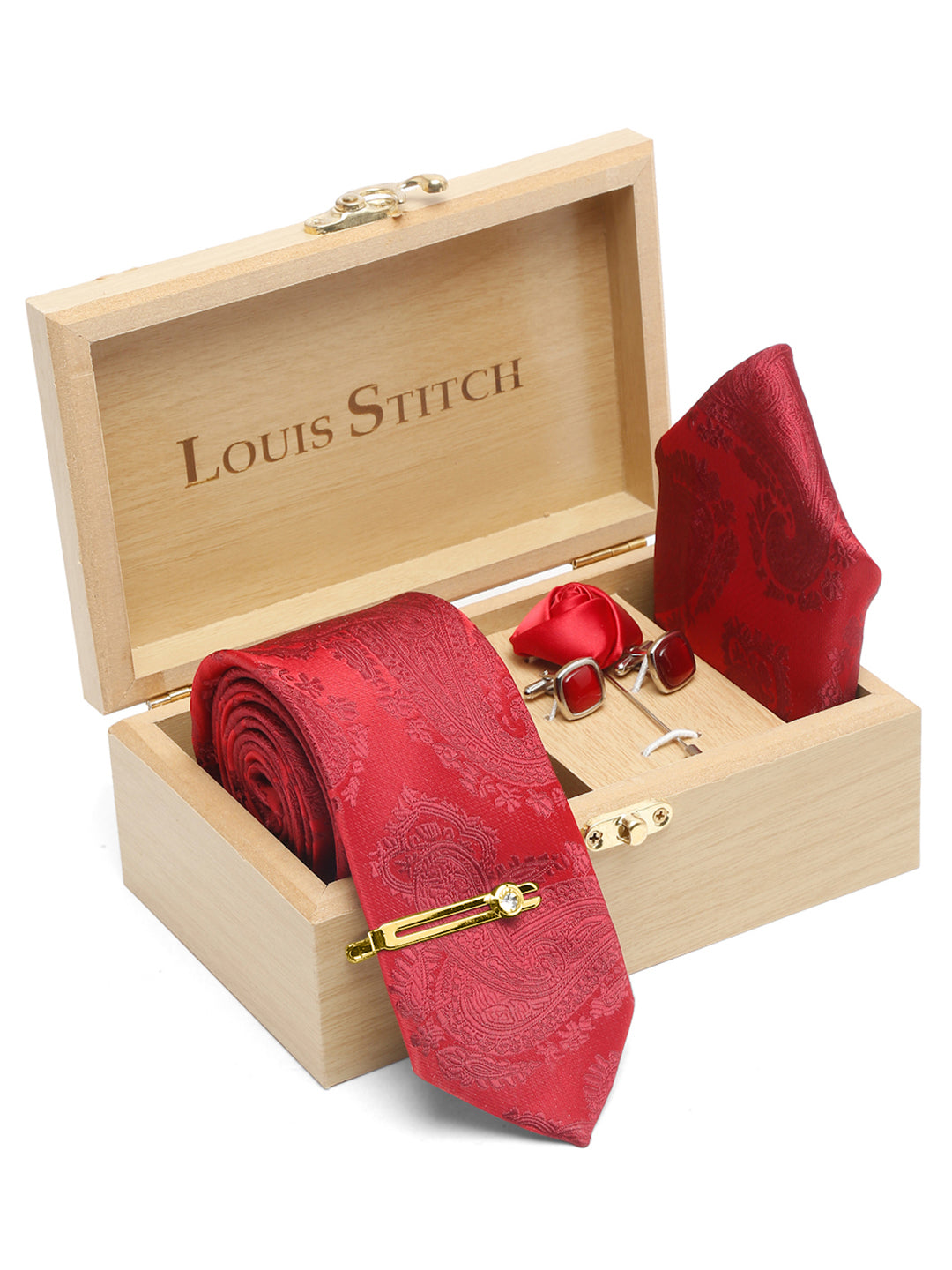 Scarlet Red Luxury Italian Silk Necktie Set With Pocket Square Cufflinks Brooch Gold Tie pin