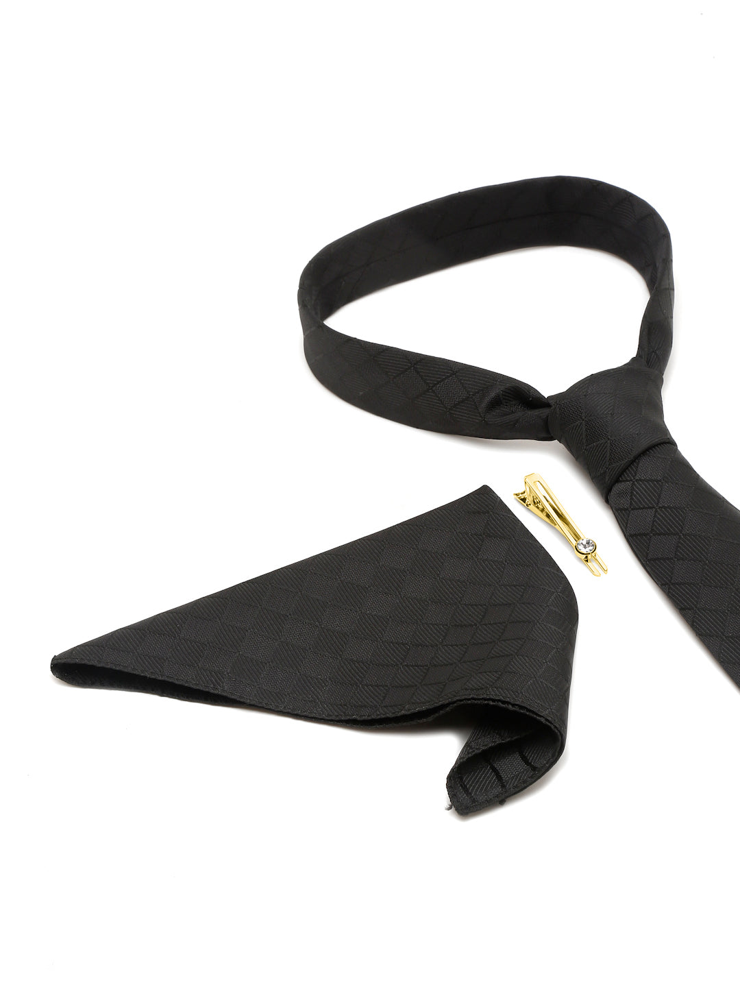 Sable Black Italian Silk Necktie Set Pocket Square Golden Tiepin