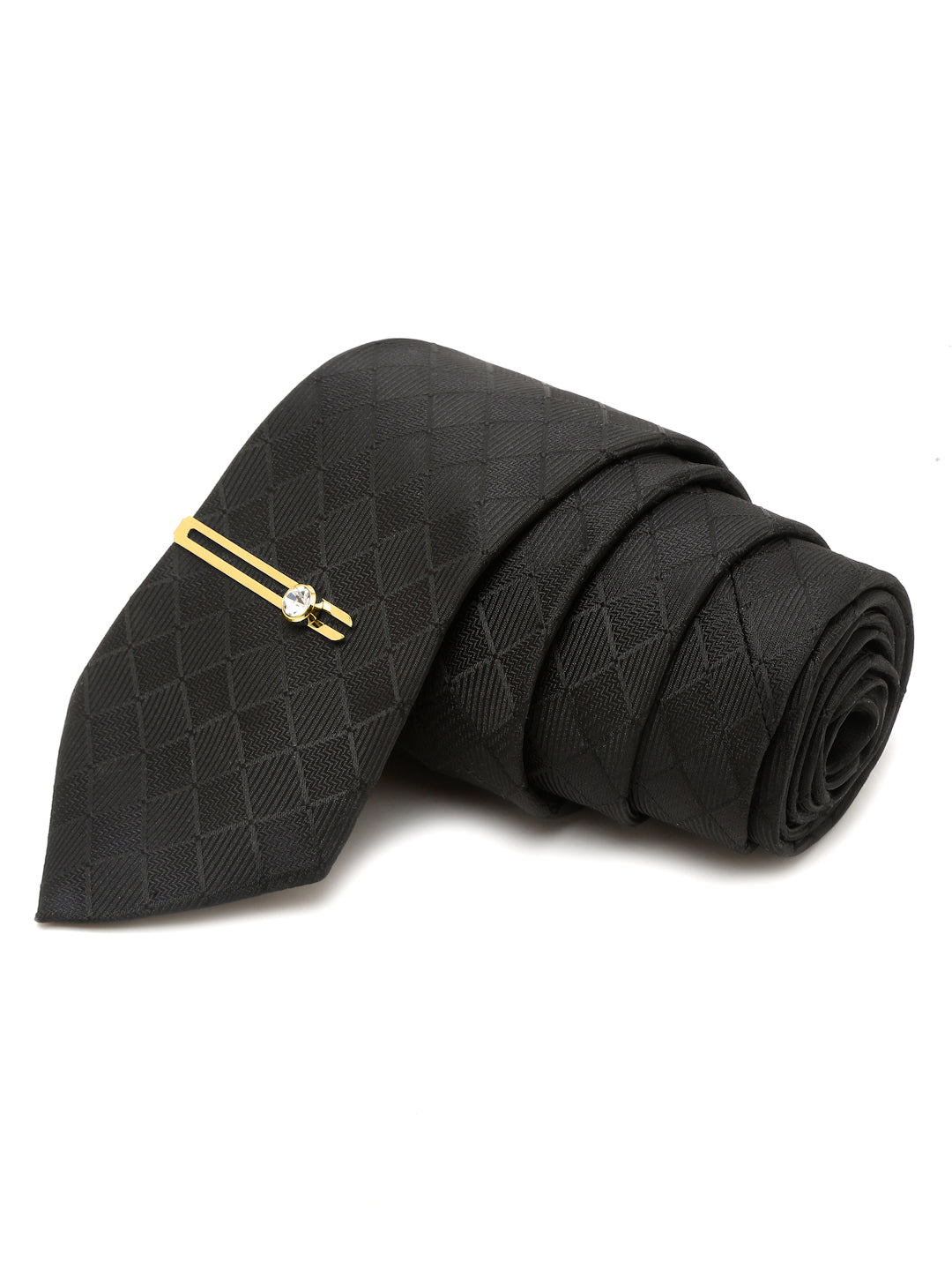 Sable Black Italian Silk Necktie Set Pocket Square Golden Tiepin