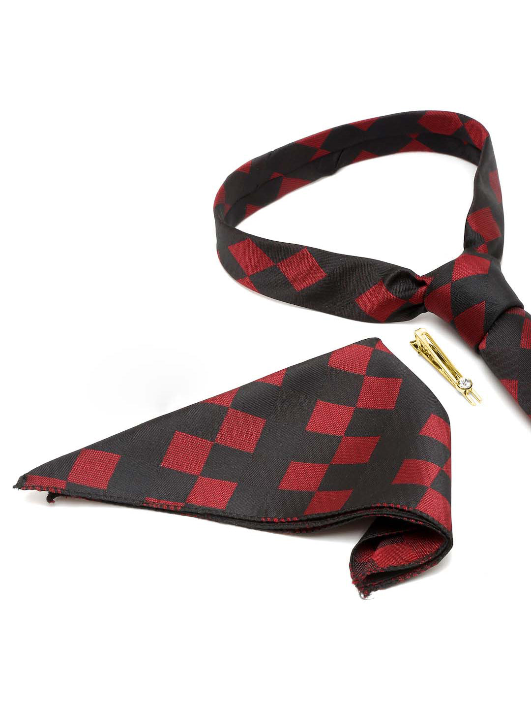 Black and Red Italian Silk Necktie Set Pocket Square Golden Tiepin