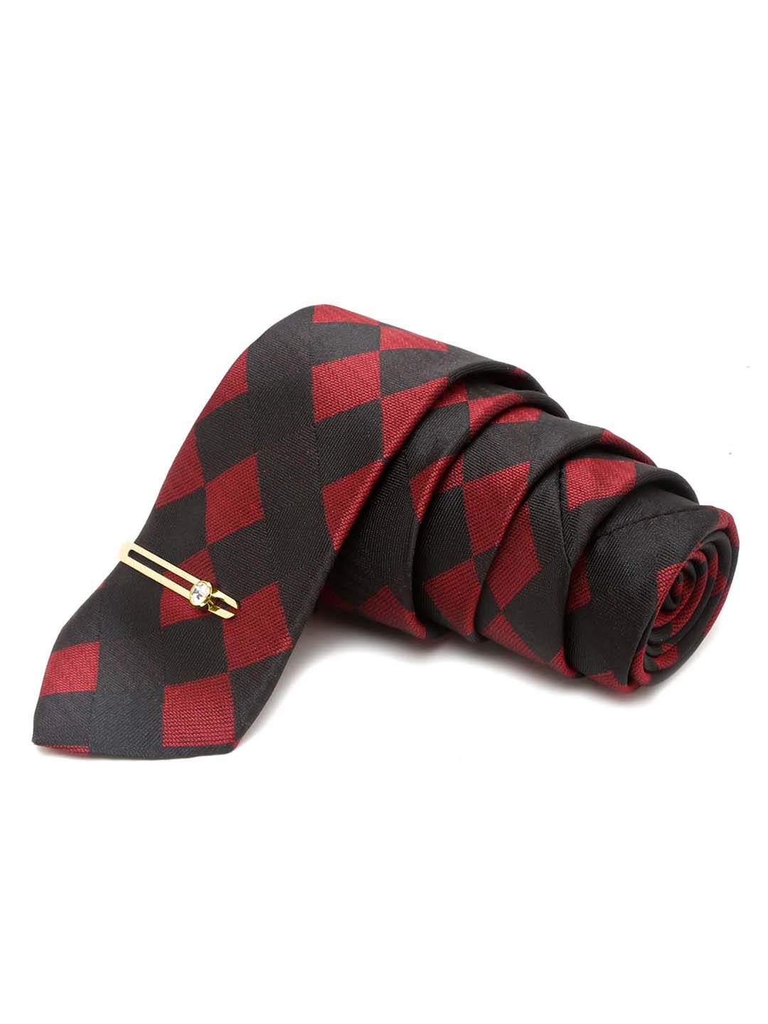 Black and Red Italian Silk Necktie Set Pocket Square Golden Tiepin