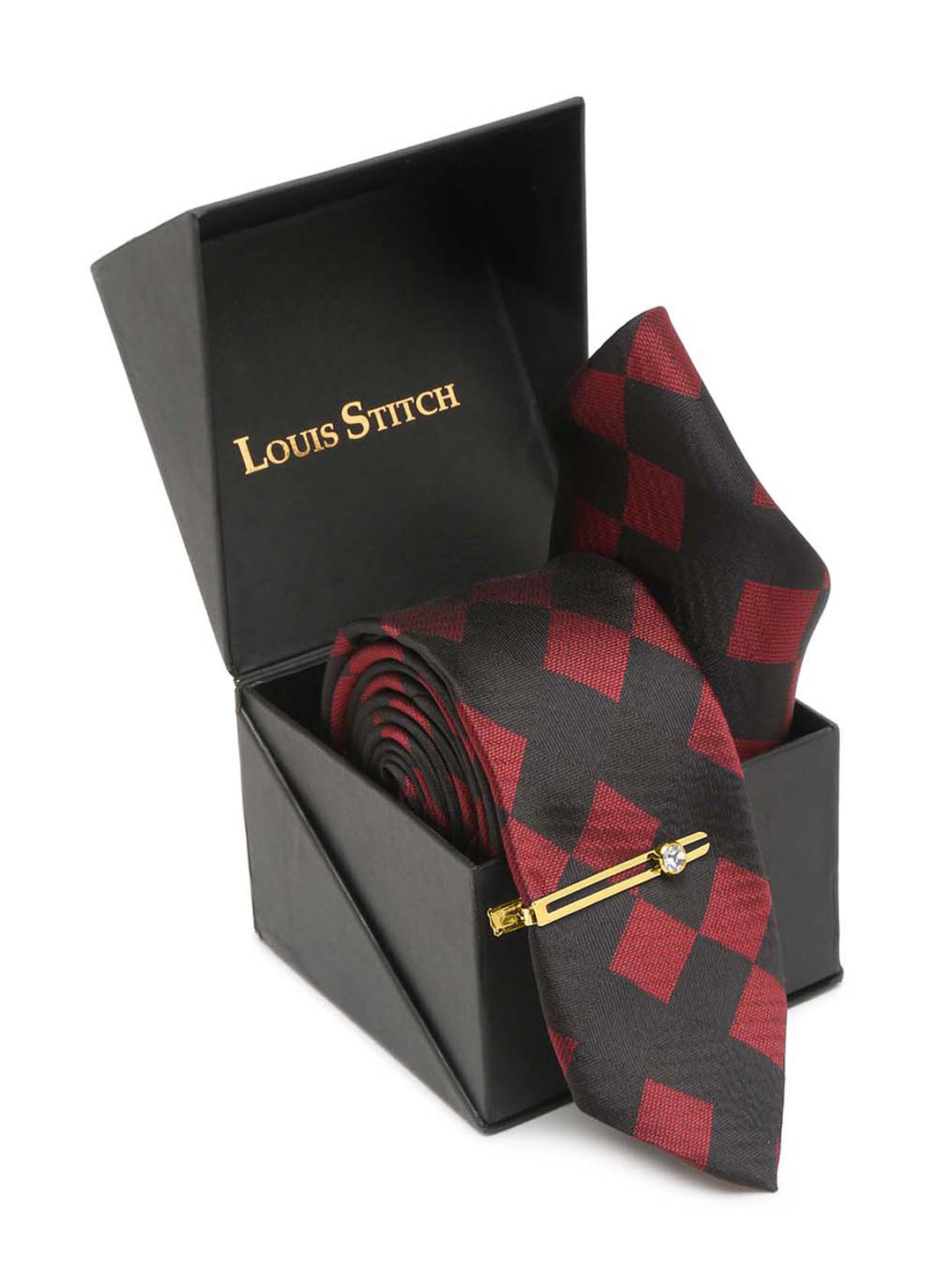 Black and Red Italian Silk Necktie Set Pocket Square Golden Tiepin