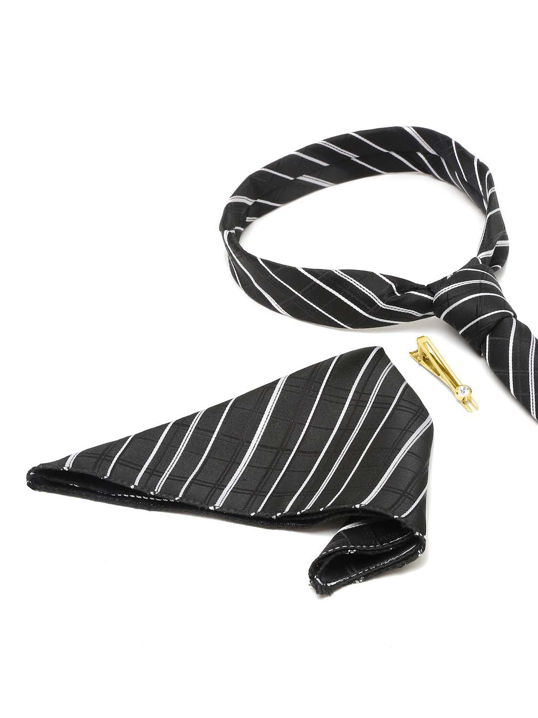 Checkered Black and White Italian Silk Necktie Set Pocket Square Golden Tiepin